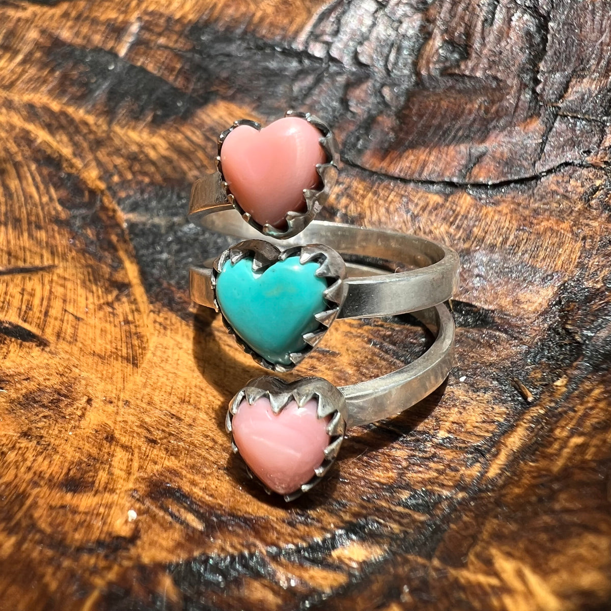 Sterling Silver Kingman Turquoise & Queen Conch Heart Wrap Ring