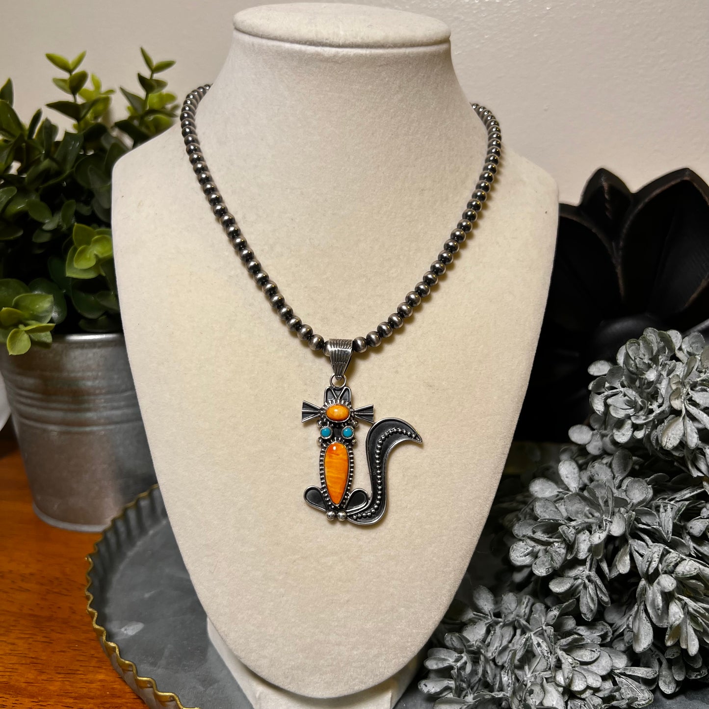 Handcrafted Sterling Silver Spiny Oyster & Kingman Turquoise Cat Pendant