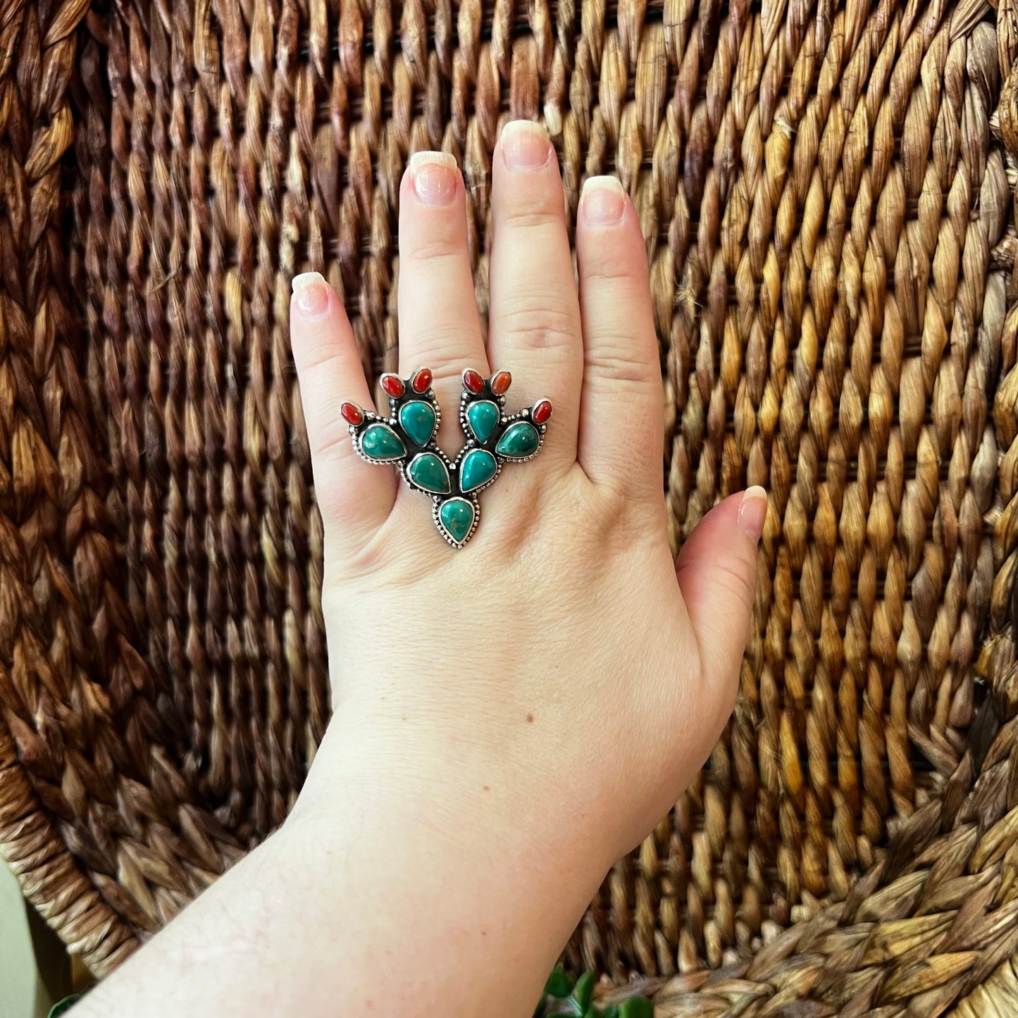 Sterling Kingman Turquoise Red Coral Cactus Ring Size 8 Statement Ring