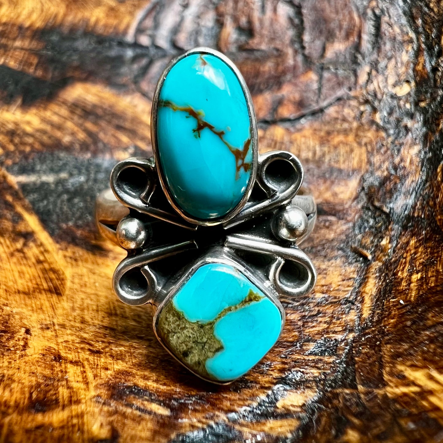 Sterling Silver & Kingman Turquoise Double Stone Ring | Size 9