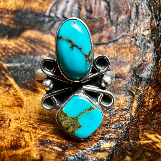 Sterling Silver & Kingman Turquoise Double Stone Ring | Size 9