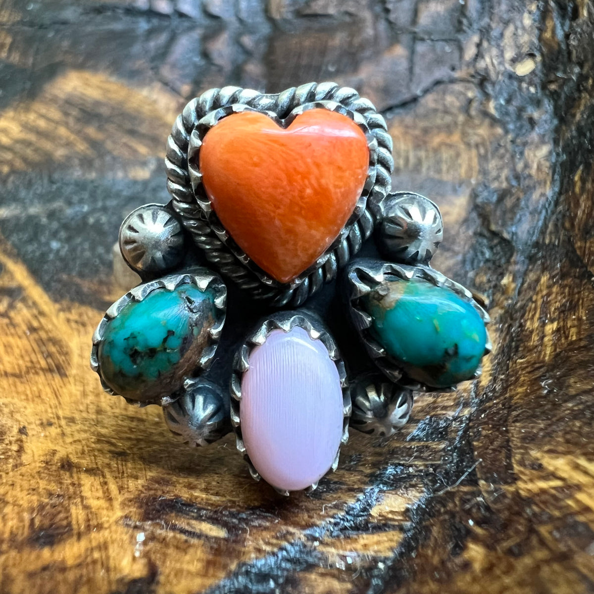 Sterling Silver Spiny Oyster, Kingman Turquoise & Queen Conch Cluster Ring – Size 9