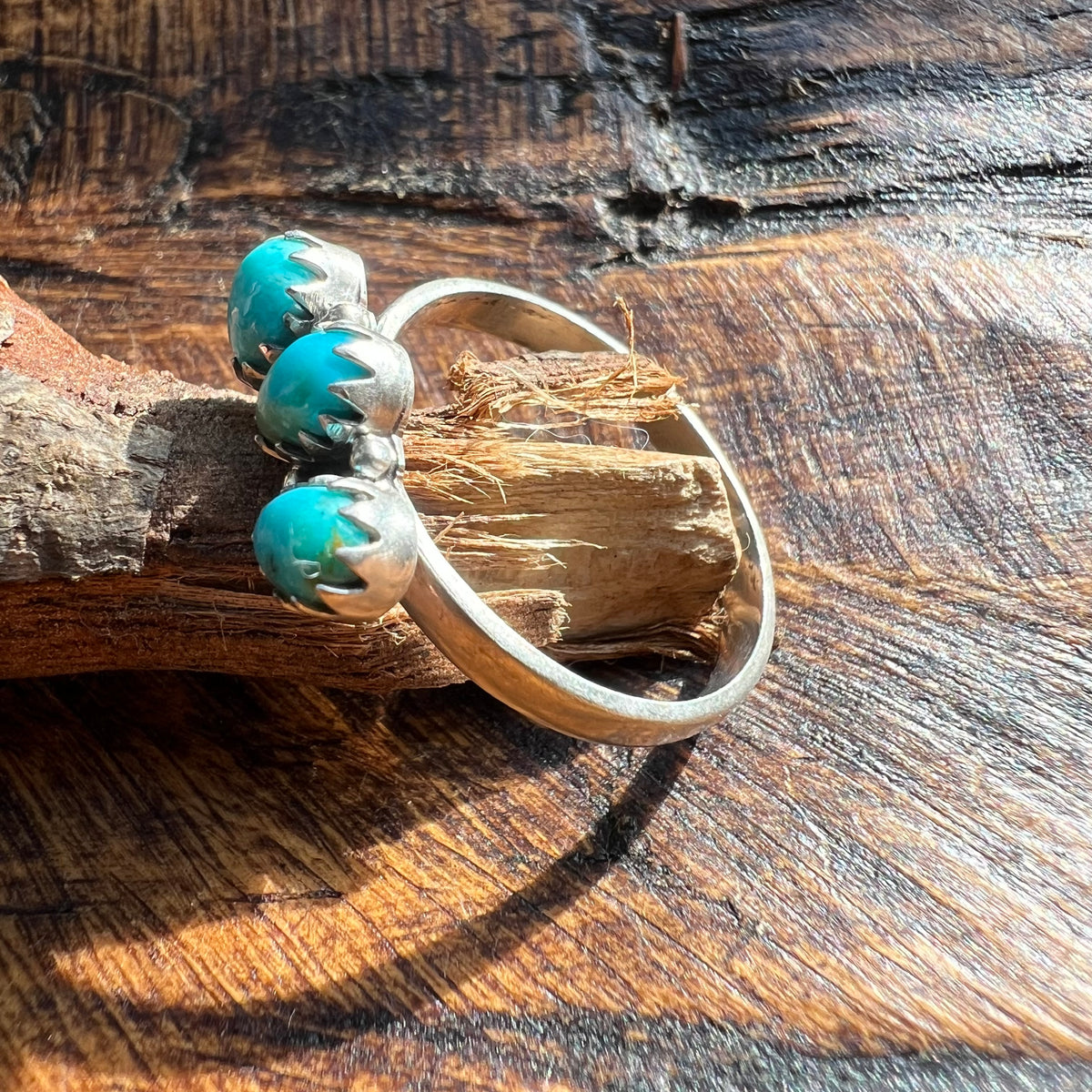 Sterling Silver Kingman Turquoise Three Stone Stacker Ring Size 10.5 Adjustable
