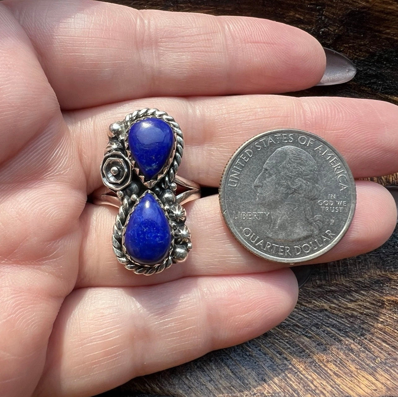 Lapis Lazuli Double Teardrop Statement Ring in Sterling Silver Size 9.5