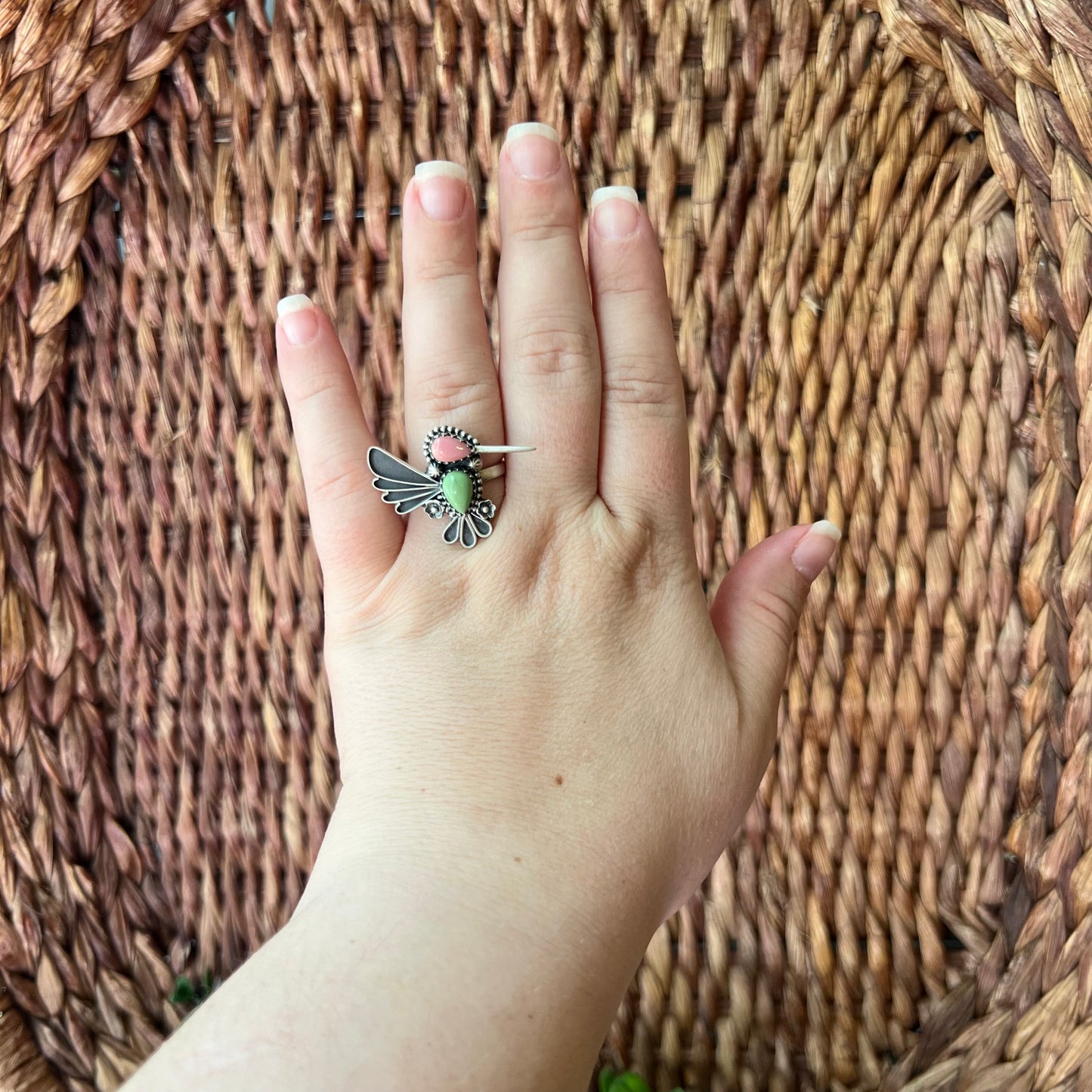 Sterling Silver Green Turquoise Queen Conch Hummingbird Ring Adjustable 8