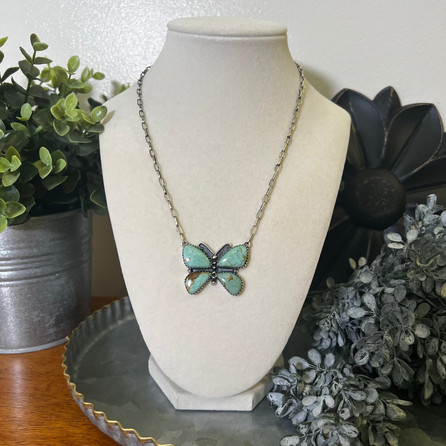 Kingman Turquoise Butterfly Necklace – Sterling Silver Paperclip Chain