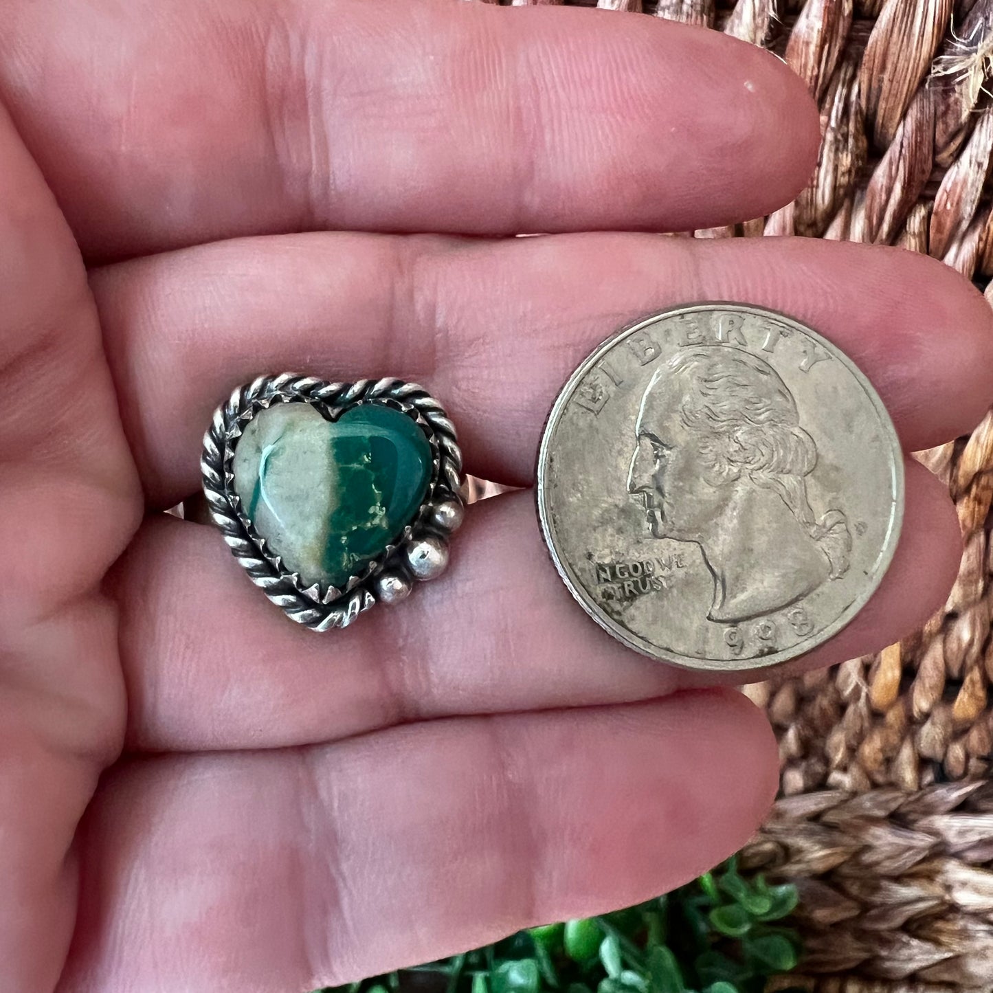 Sterling Silver Ribbon Turquoise Heart Ring Size 10 Adjustable
