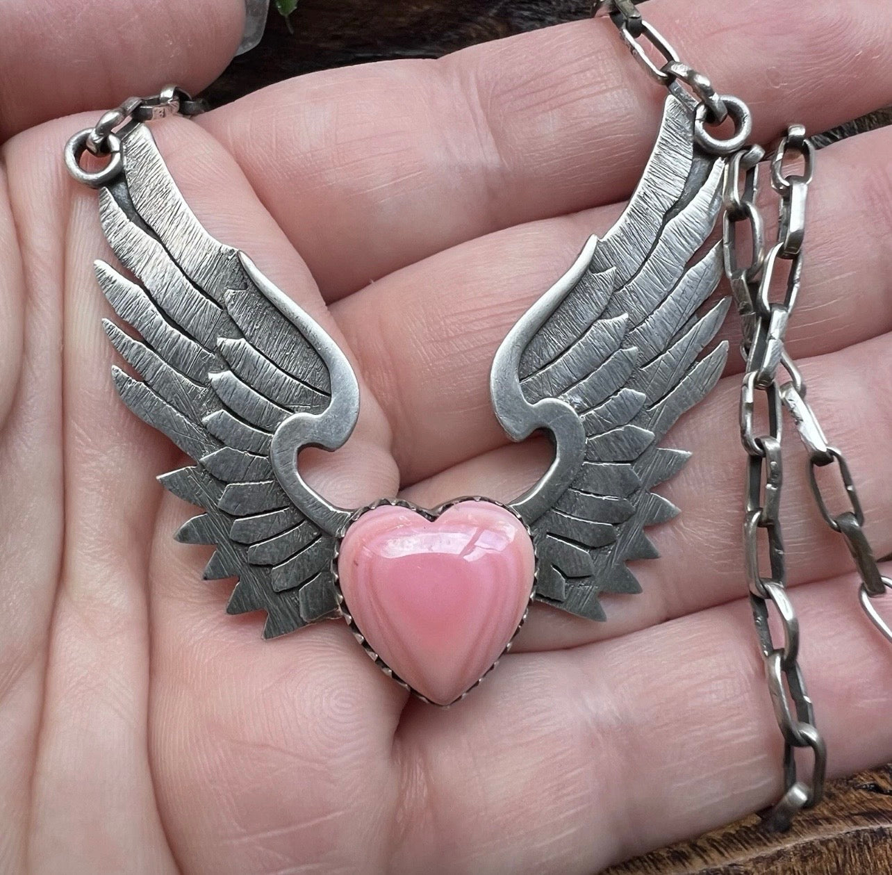 Sterling Silver Queen Conch Heart & Wings Necklace – Handcrafted Southwestern Statement