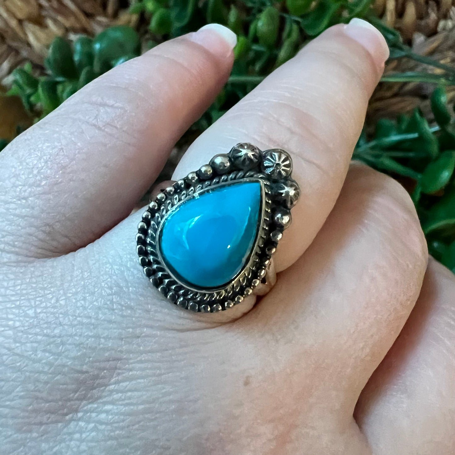 Sterling Silver Kingman Turquoise Teardrop Ring Size 8.5