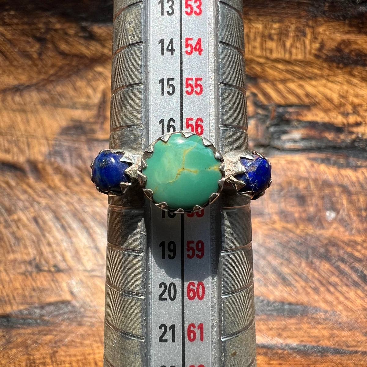 Sterling Silver Kingman Turquoise & Lapis Lazuli Three-Stone Ring