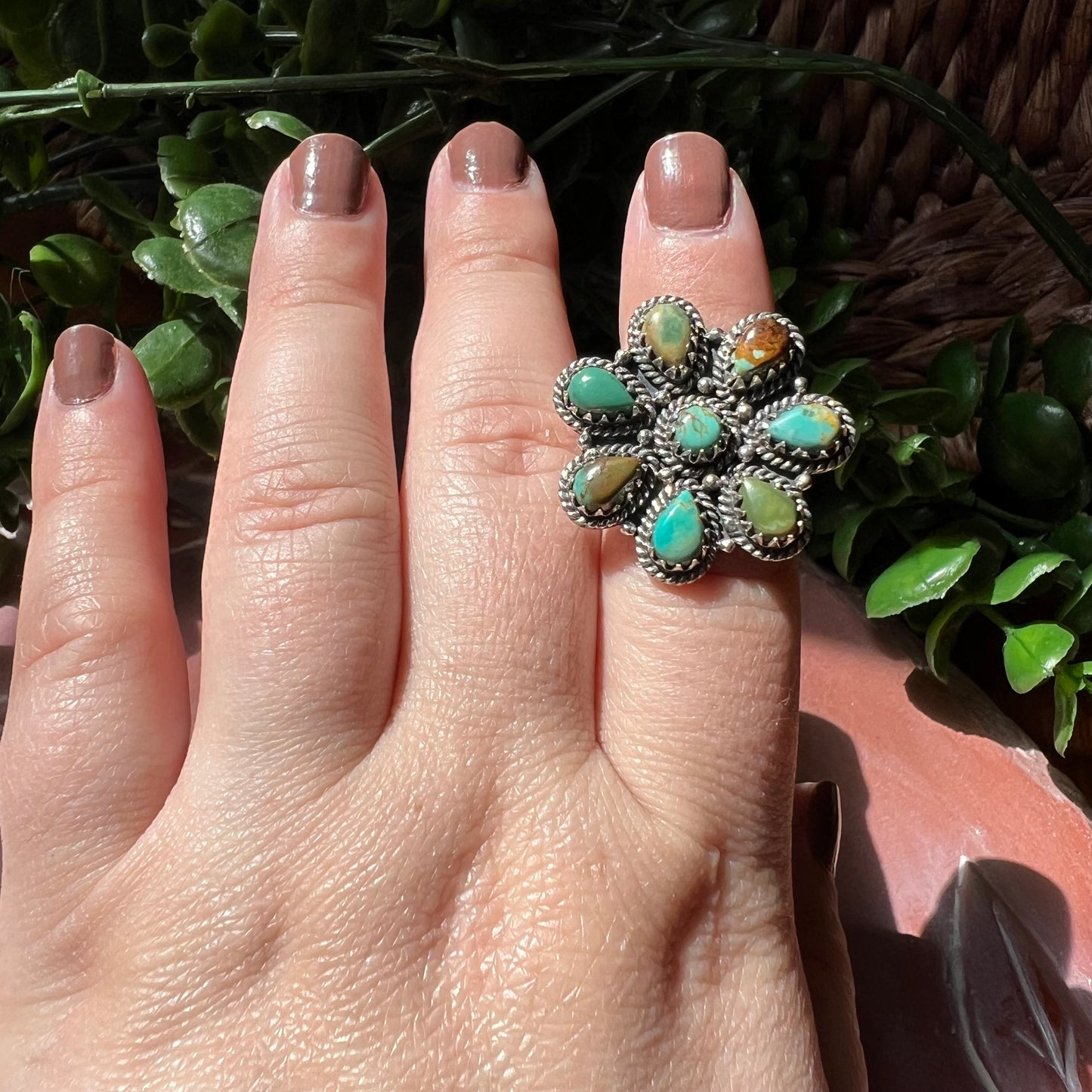 Kingman Turquoise Floral Cluster Ring in Sterling Silver