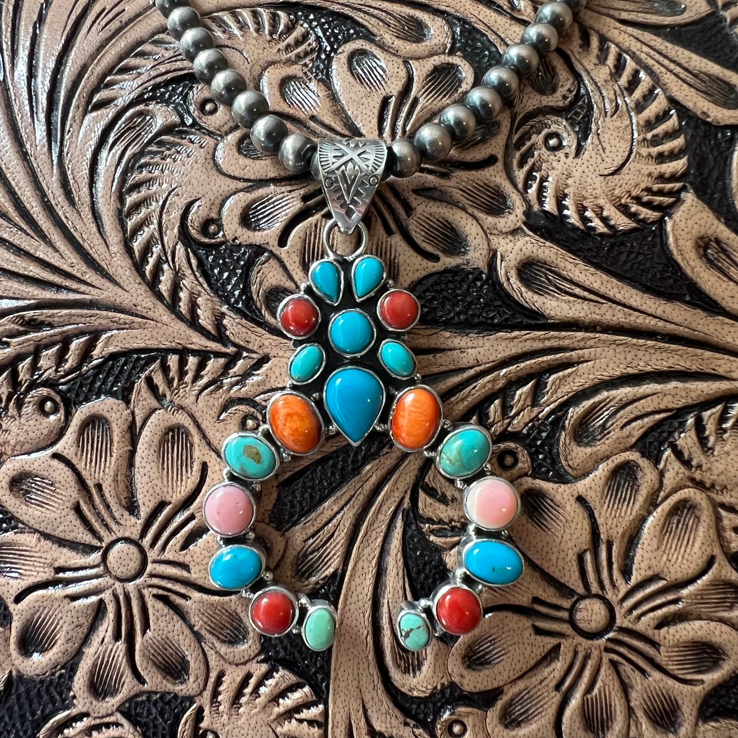 Multi Stone Naja Pendant – Kingman Turquoise, Coral & Conch – Sterling Silver