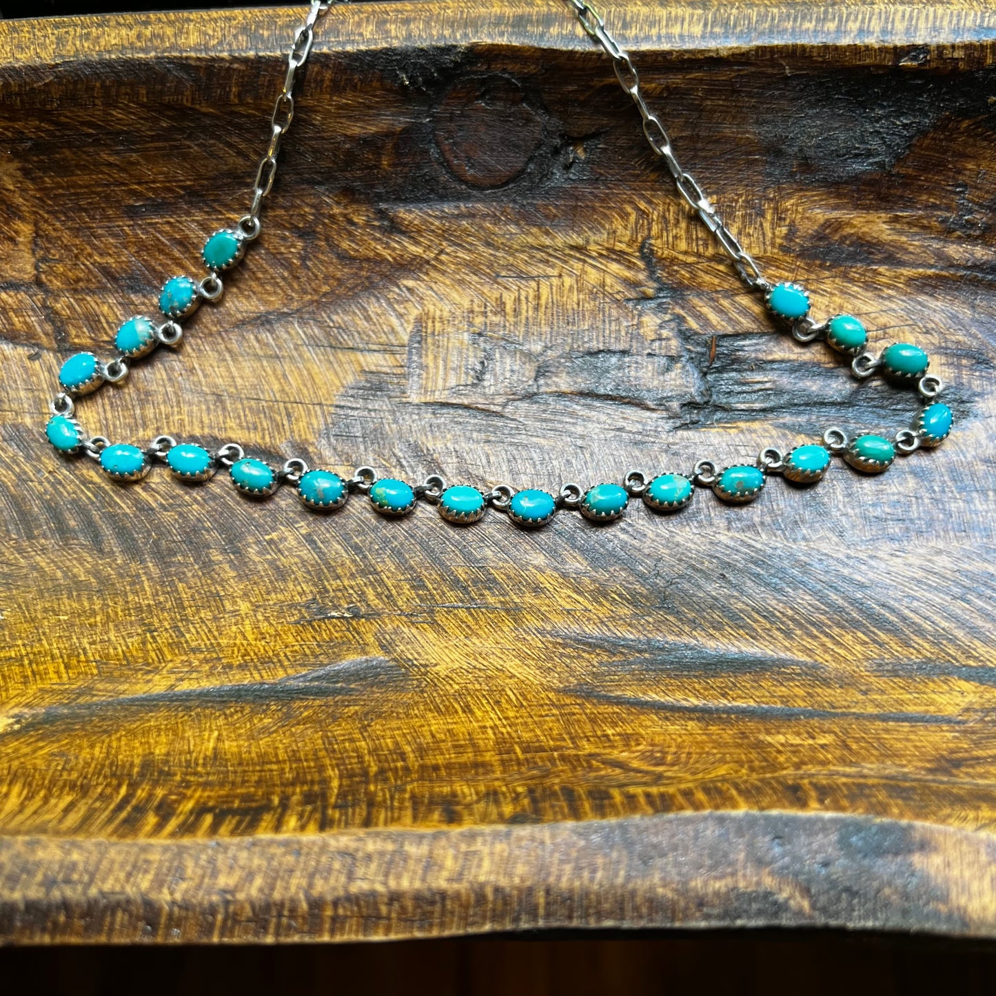 Kingman Turquoise Station Choker Necklace Sterling Silver 17” Blue Green