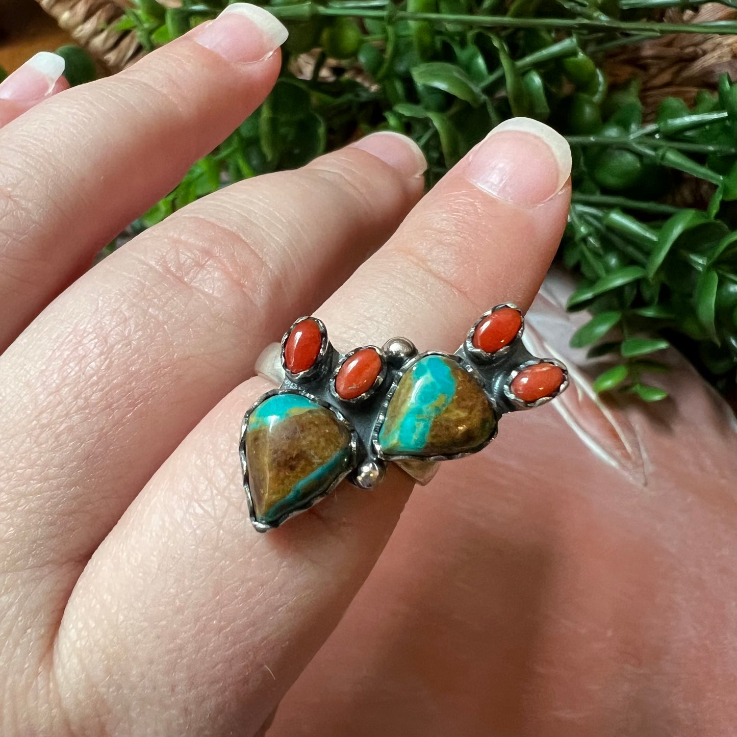 Sterling Royston Turquoise Red Coral Cactus Ring Adjustable Size 8