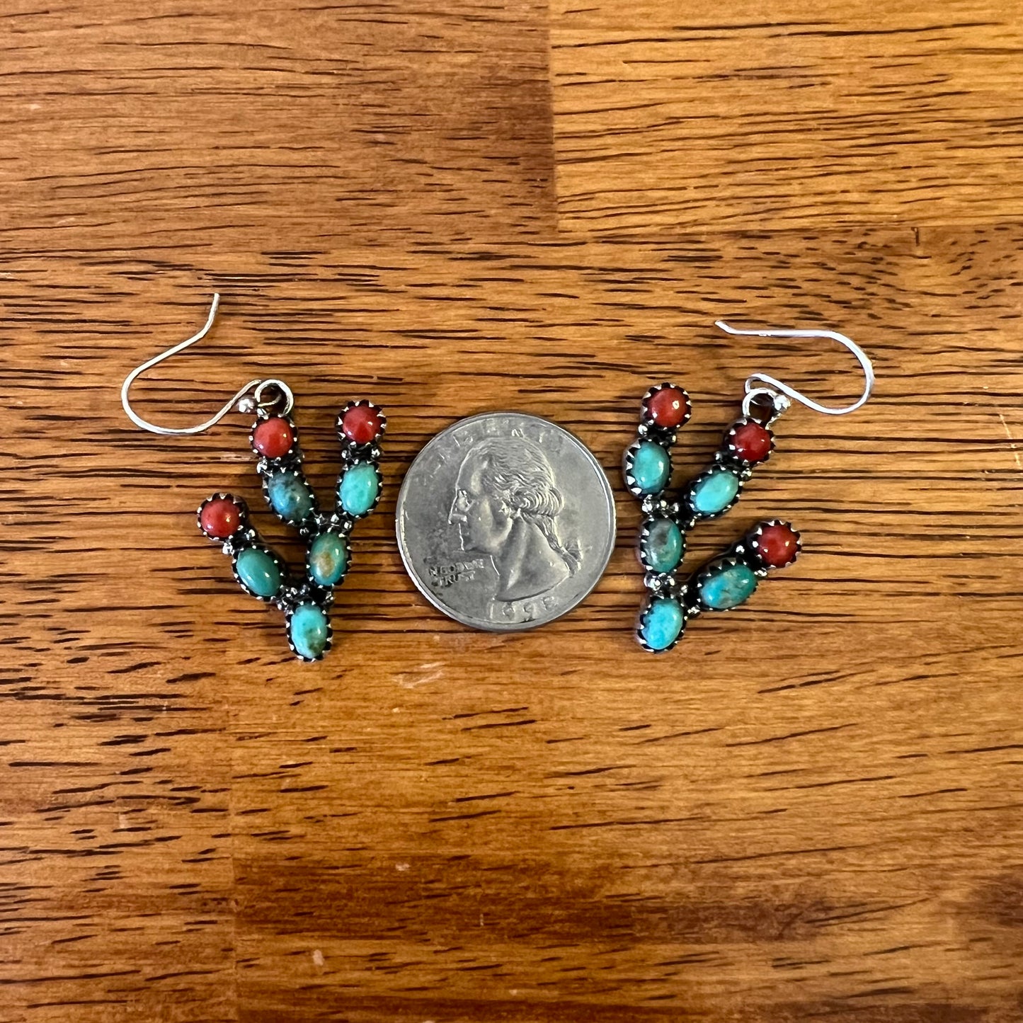 Sterling Silver Kingman Turquoise Red Coral Cactus Dangle Earrings
