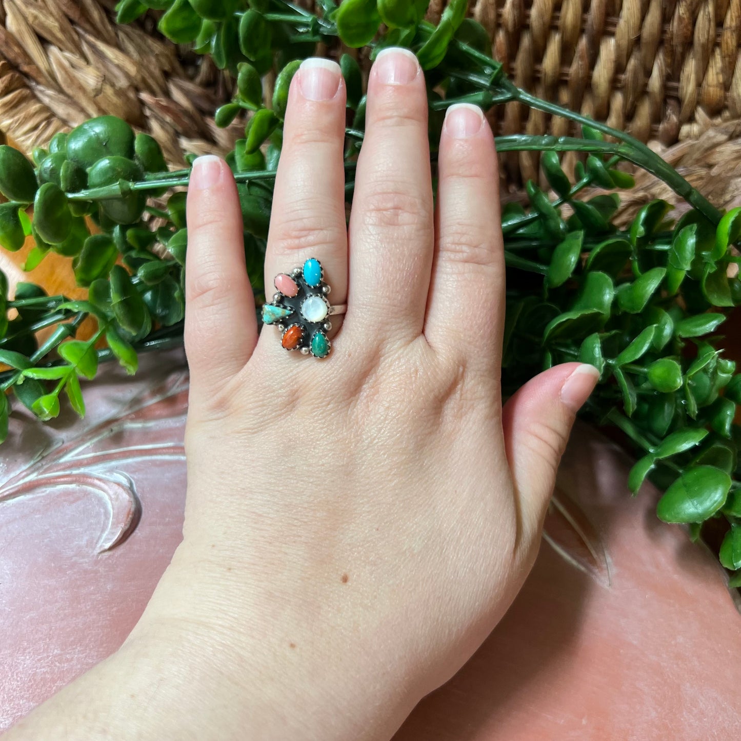 Sterling Silver Kingman Turquoise Spiny Oyster Conch Multi Stone Ring Sz 9 (Adjustable)