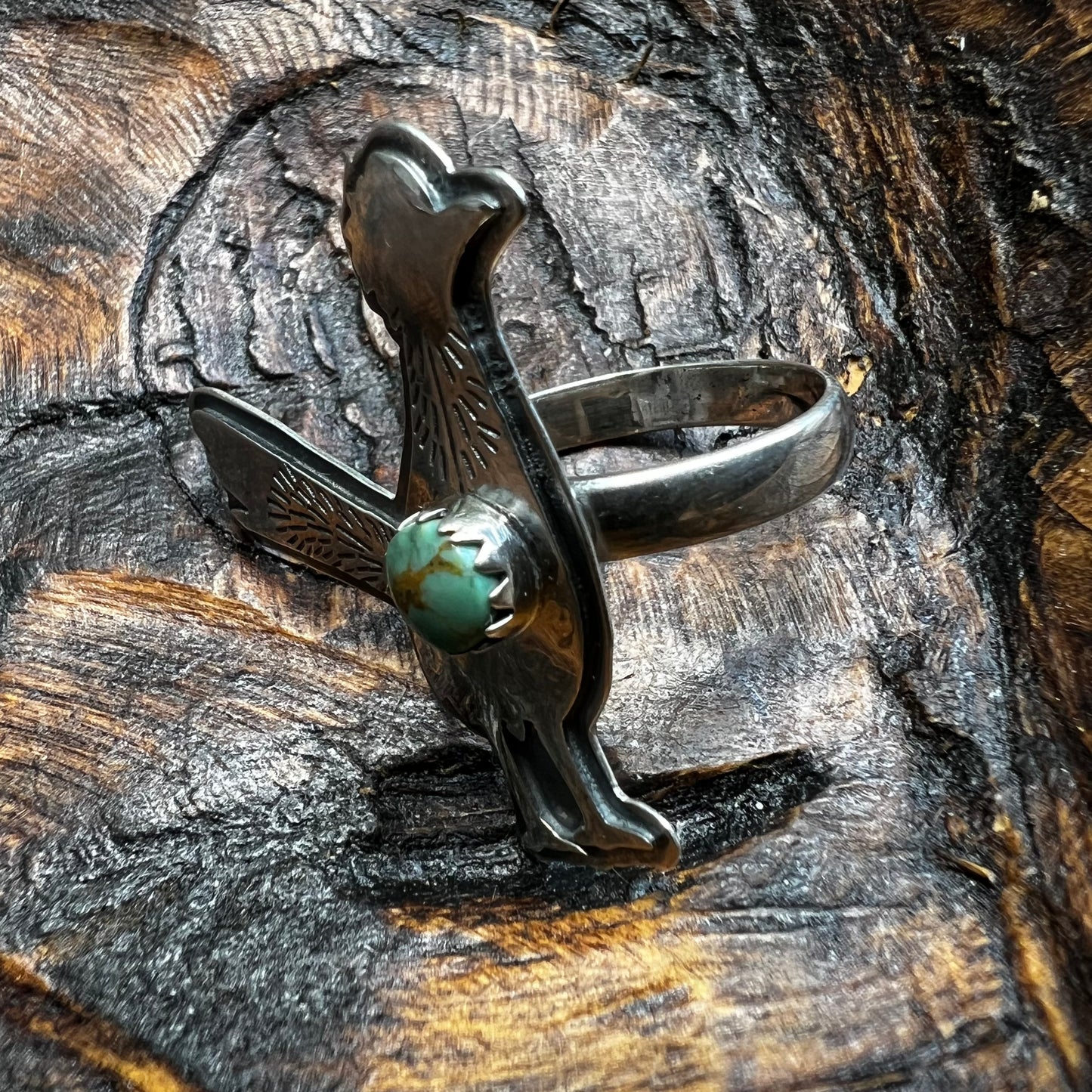 Sterling Silver Kingman Turquoise Roadrunner Ring – Handmade Southwestern Statement Size 9