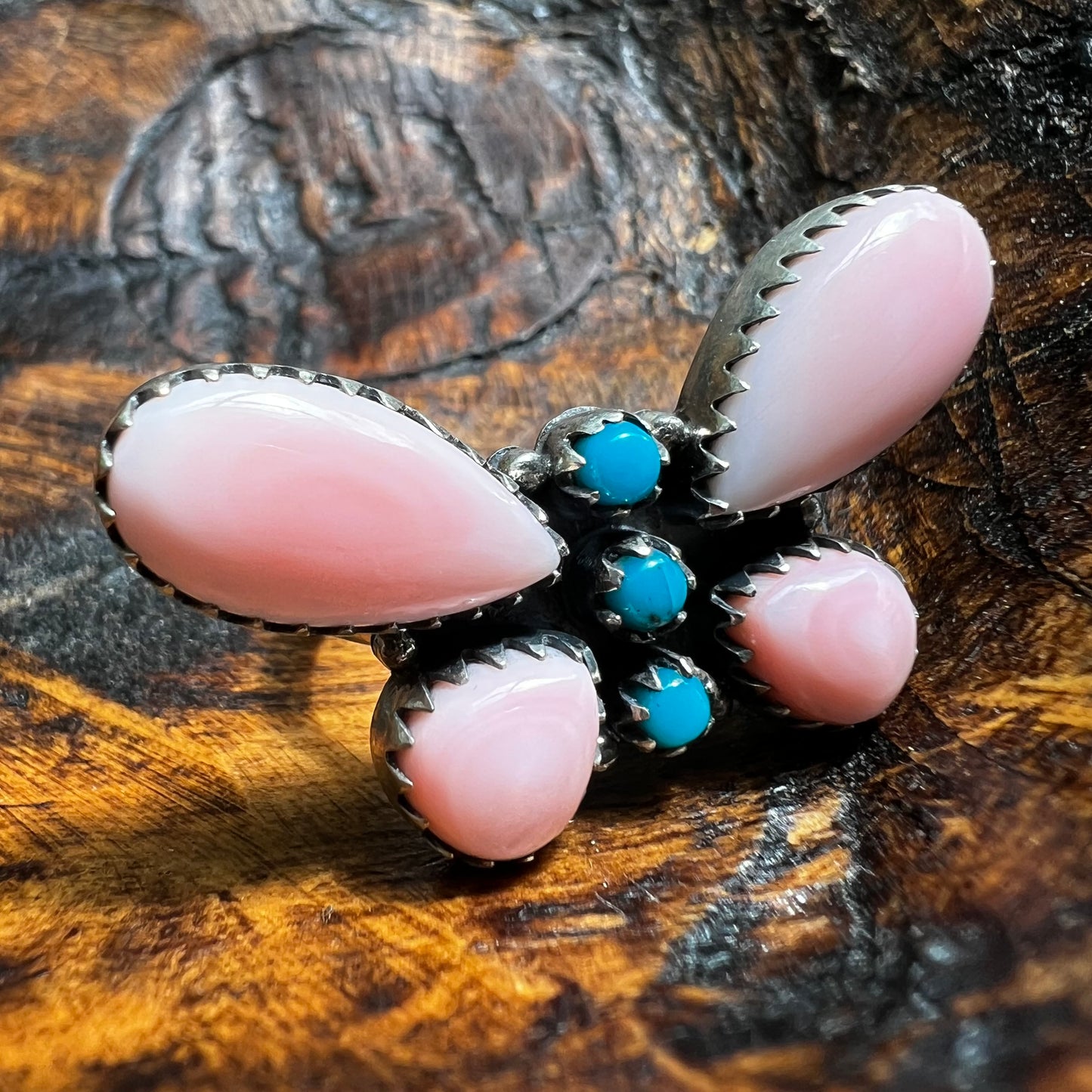 Pink Queen Conch & Kingman Turquoise Butterfly Statement Ring – Size 8