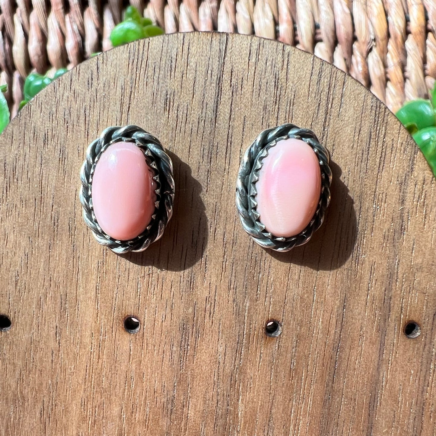 Pink Queen Conch Oval Stud Earrings | Sterling Silver Rope Bezel