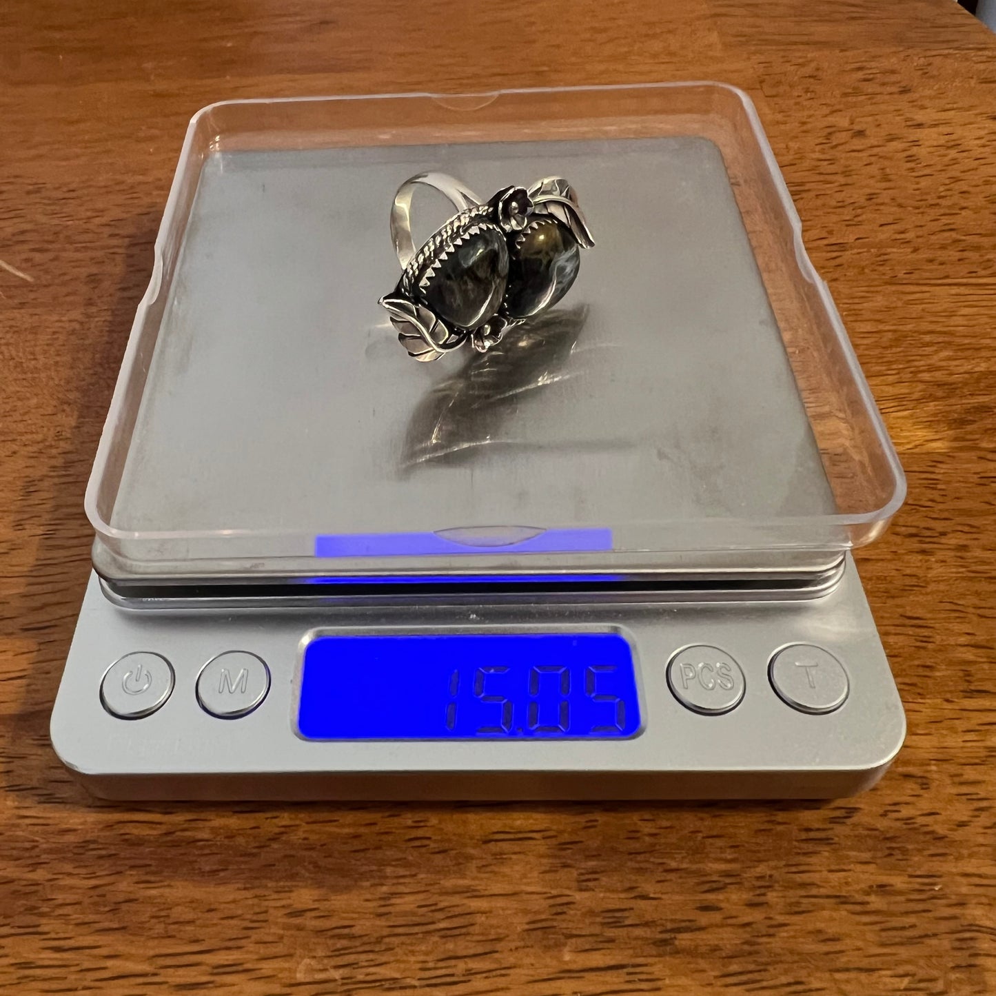 Sterling Silver Pietersite Double Heart Statement Ring – Feather & Floral Design, Size 10