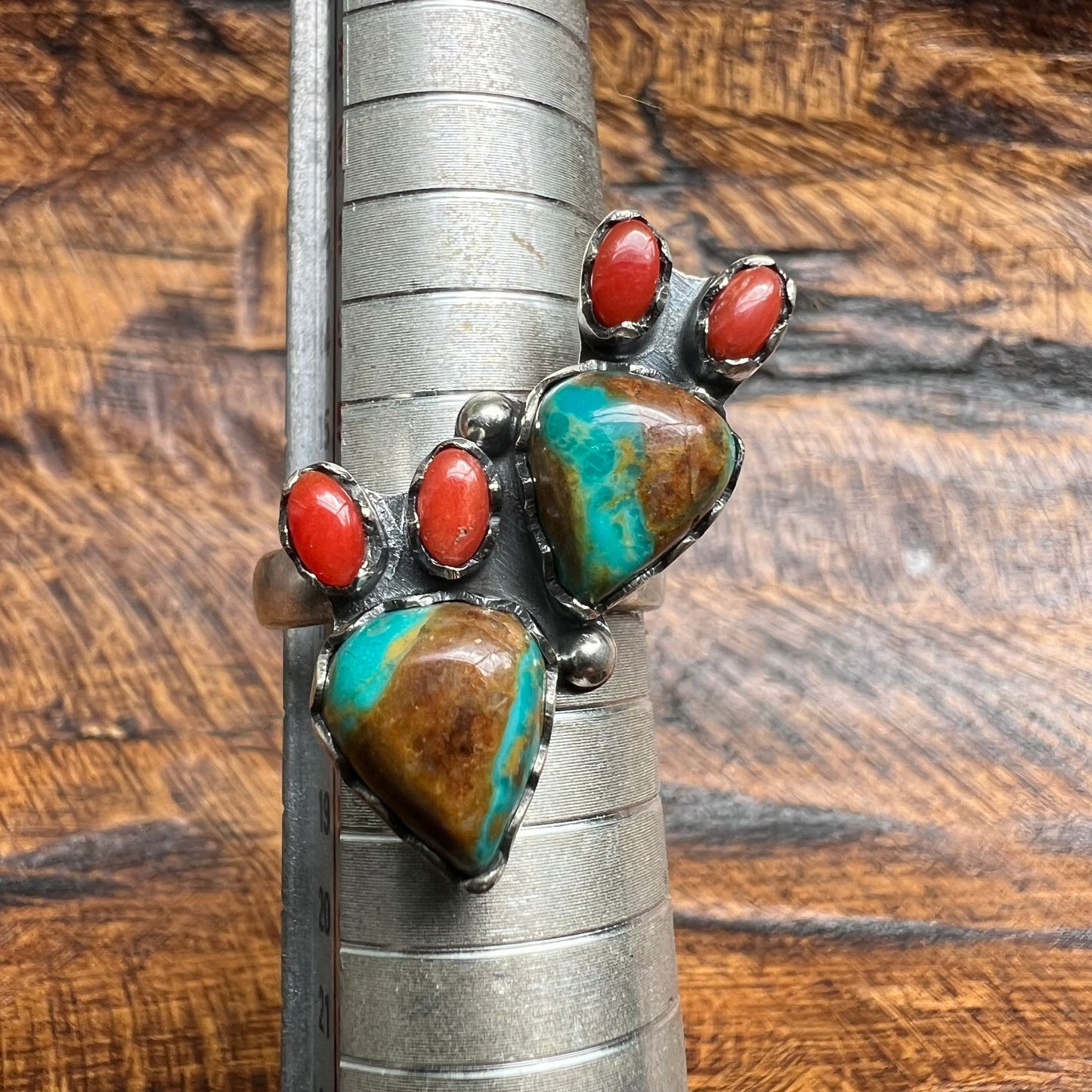 Sterling Royston Turquoise Red Coral Cactus Ring Adjustable Size 8