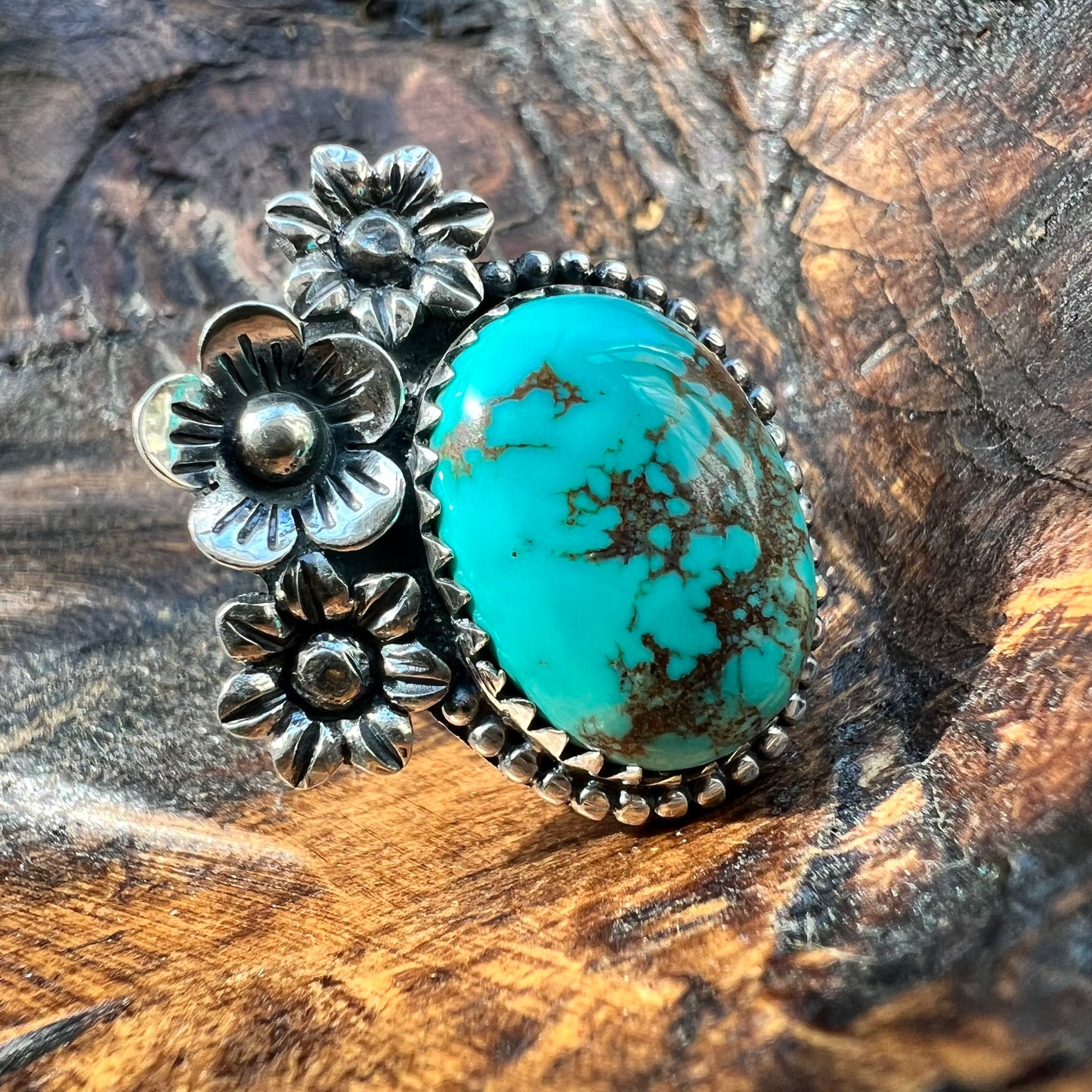 Kingman Turquoise Floral Statement Ring in Solid Sterling Silver