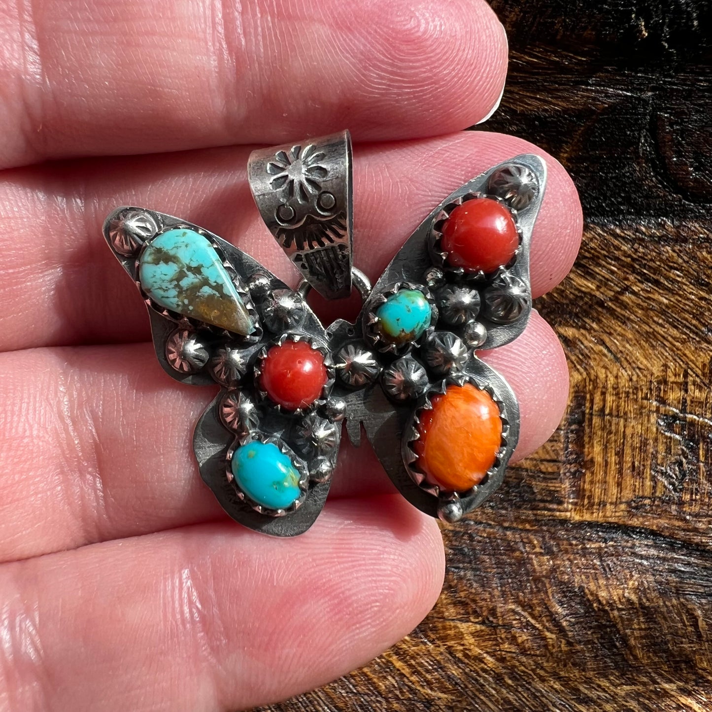 Sterling Silver Multi-Stone Butterfly Pendant – Kingman Turquoise, Italian Red Coral & Spiny Oyster