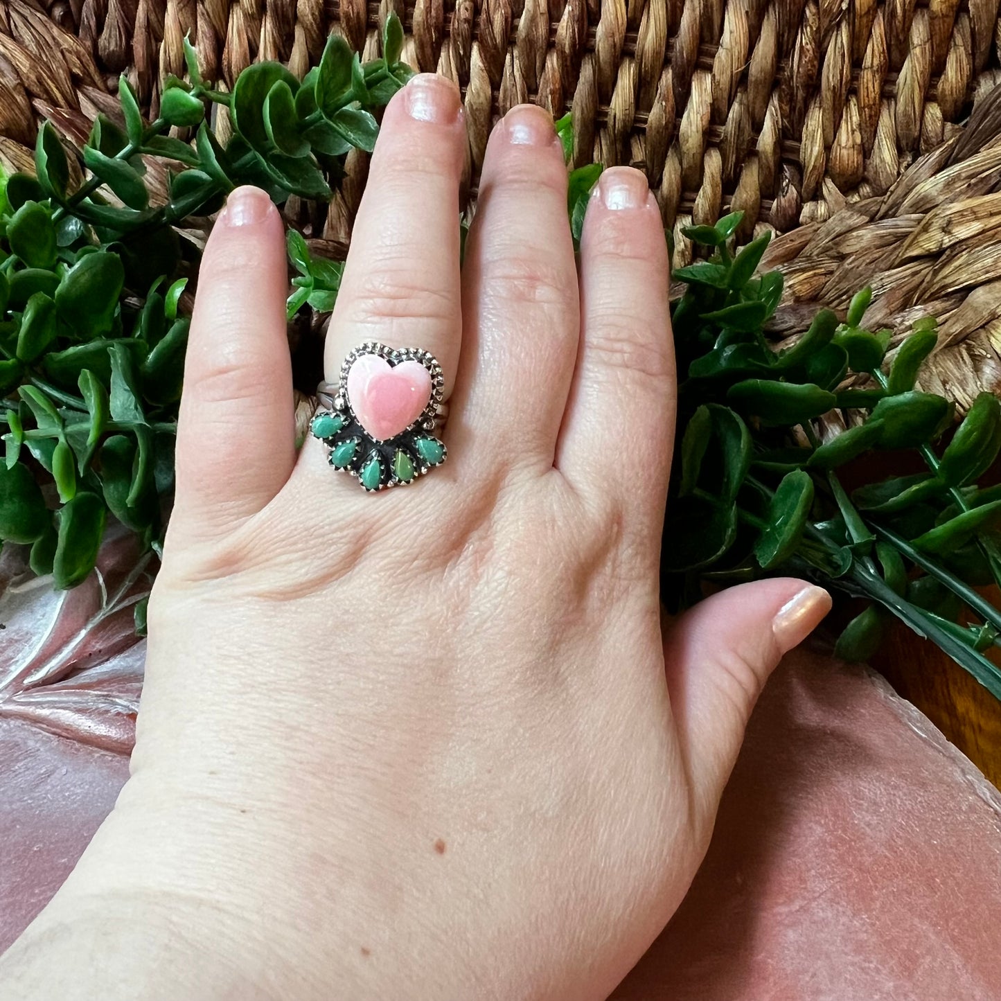 Pink Conch Heart & Kingman Turquoise Cluster Ring