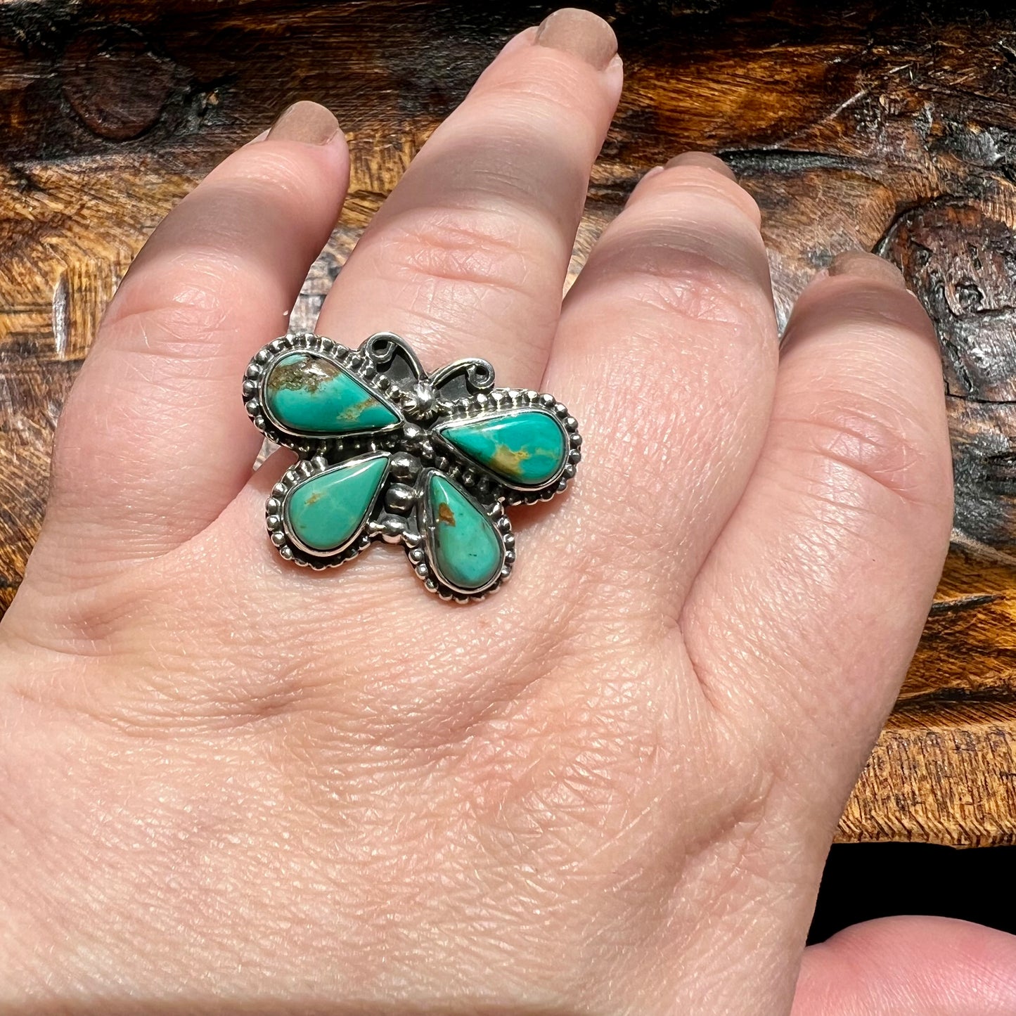 Kingman Turquoise Butterfly Sterling Silver Ring – Size 9