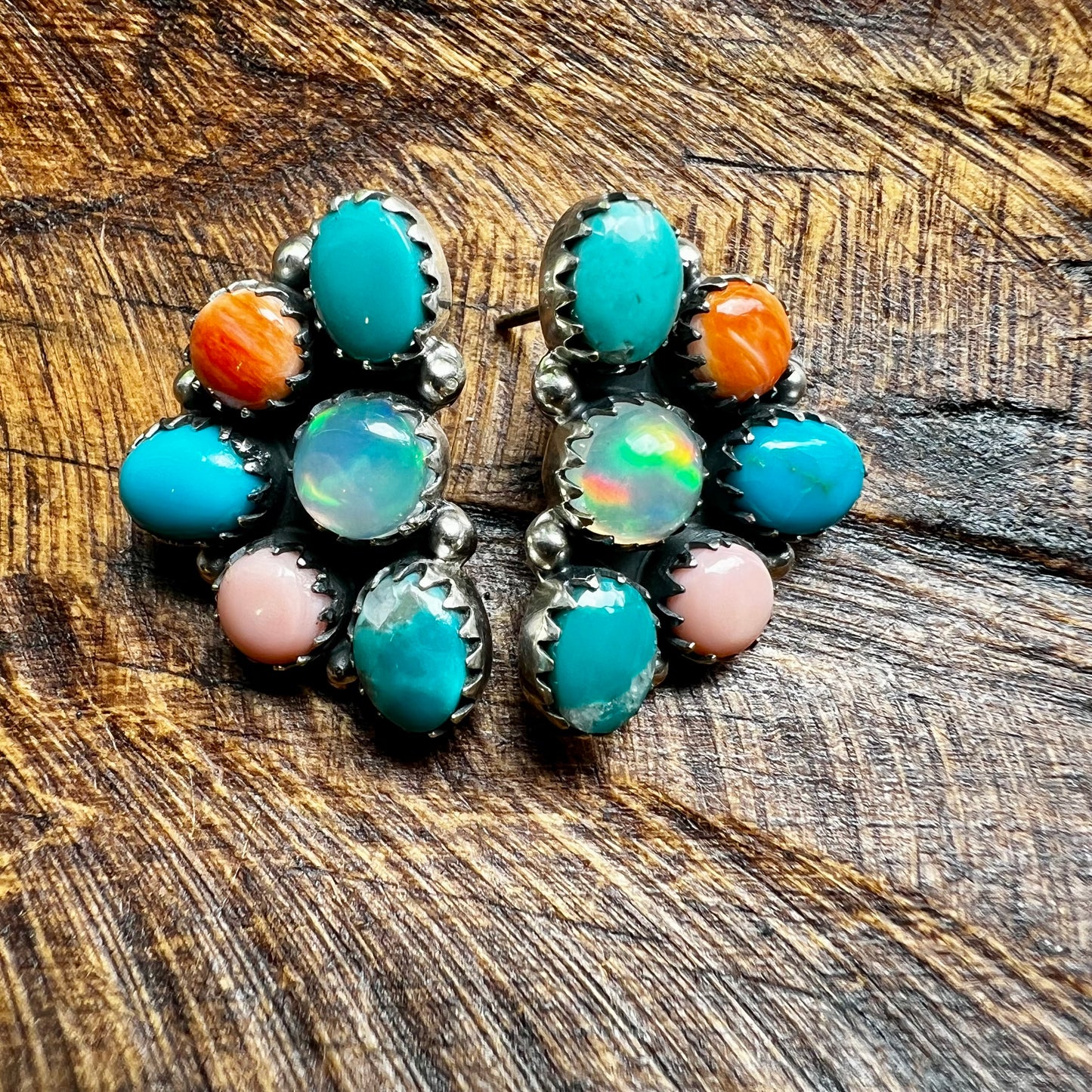 Kingman Turquoise, Ethiopian Opal & Queen Conch Half Cluster Earrings | Sterling Silver