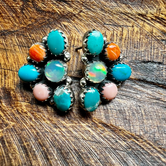 Kingman Turquoise, Ethiopian Opal & Queen Conch Half Cluster Earrings | Sterling Silver