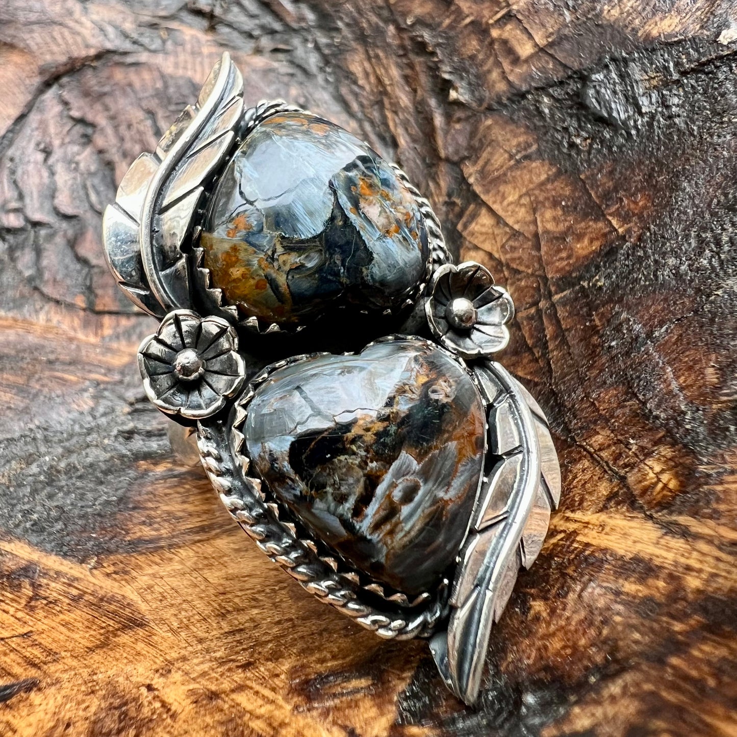 Sterling Silver Pietersite Double Heart Statement Ring – Feather & Floral Design, Size 10
