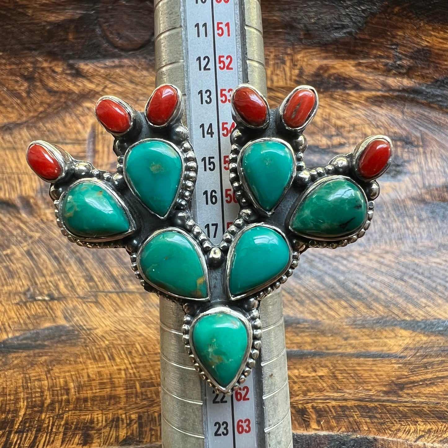 Sterling Kingman Turquoise Red Coral Cactus Ring Size 8 Statement Ring