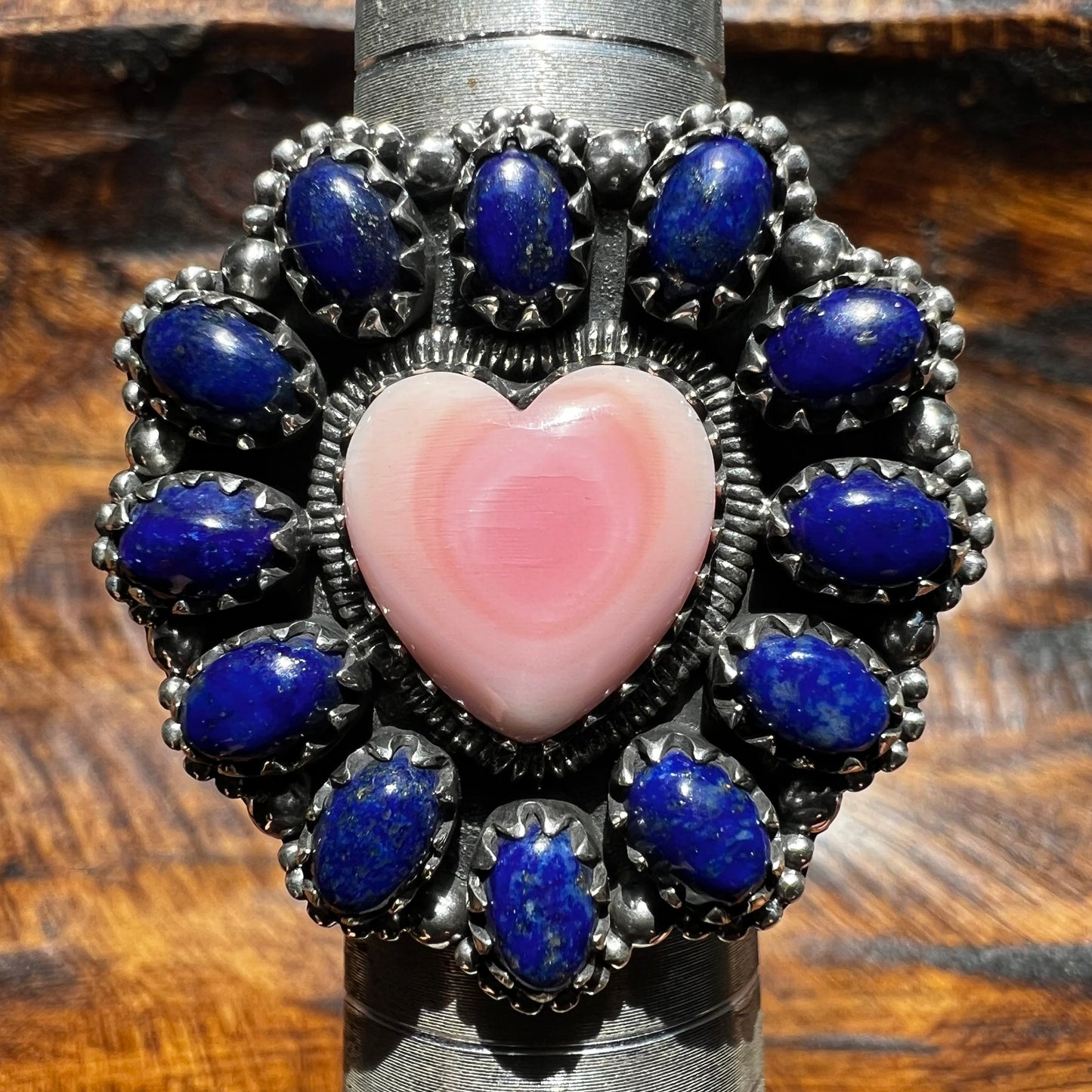 Pink Queen Conch Heart & Lapis Lazuli Statement Ring – Sterling Silver