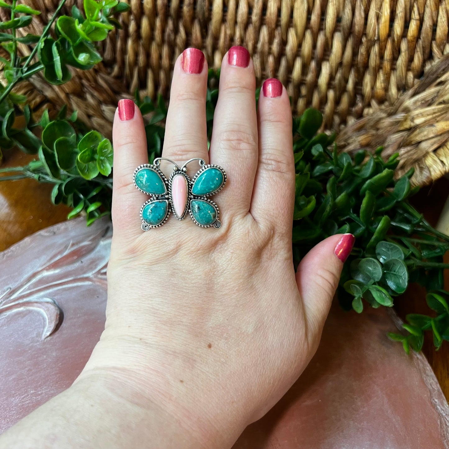 Kingman Turquoise & Pink Conch Butterfly Ring Sterling Silver Size 9