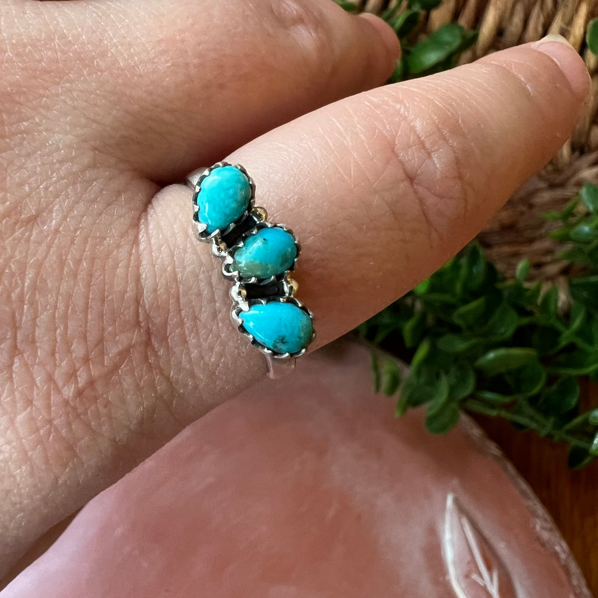 Sterling Silver Kingman Turquoise Three Stone Stacker Ring Size 10.5 Adjustable