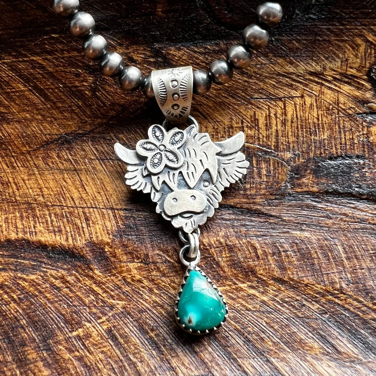 Sterling Silver Highland Cow Pendant with Fox Turquoise Drop
