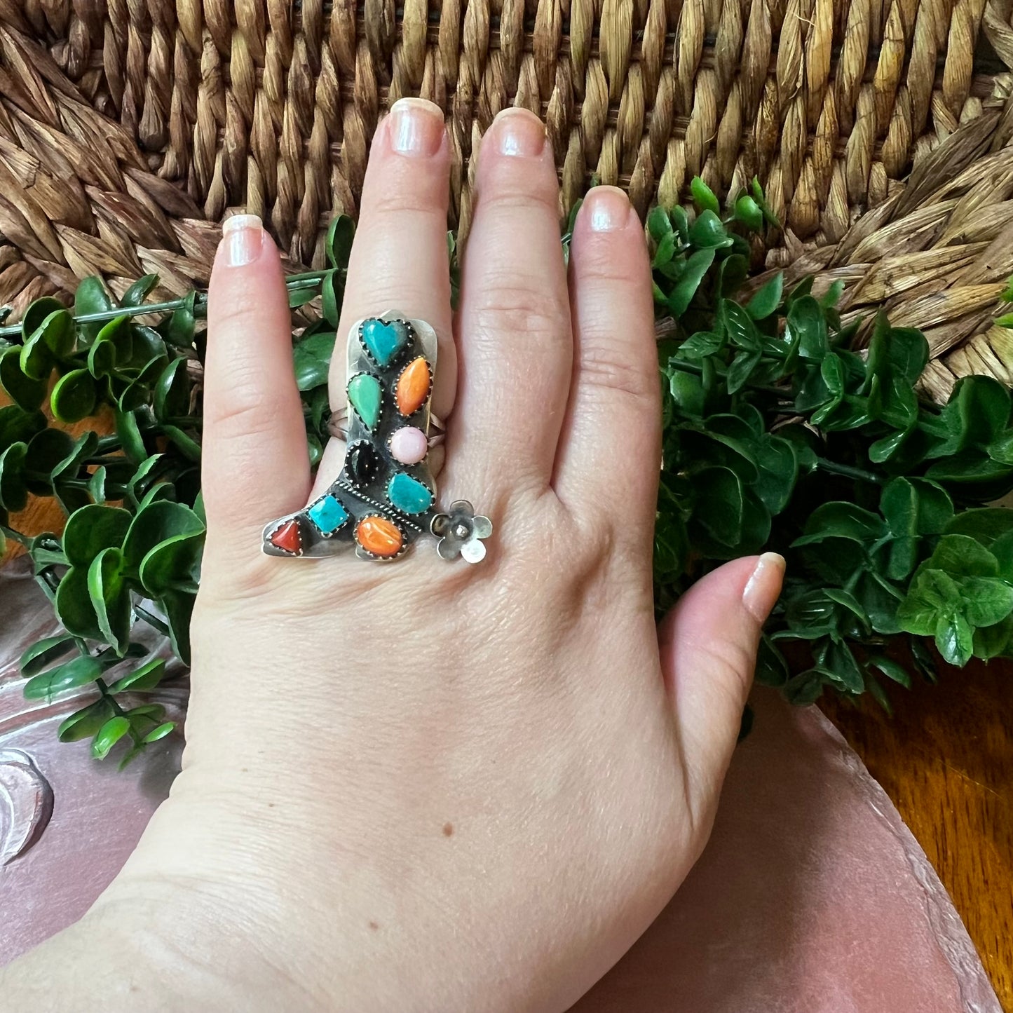 Sterling Silver Multi-Stone Cowboy Boot Ring with Spinning Spur – Size 8