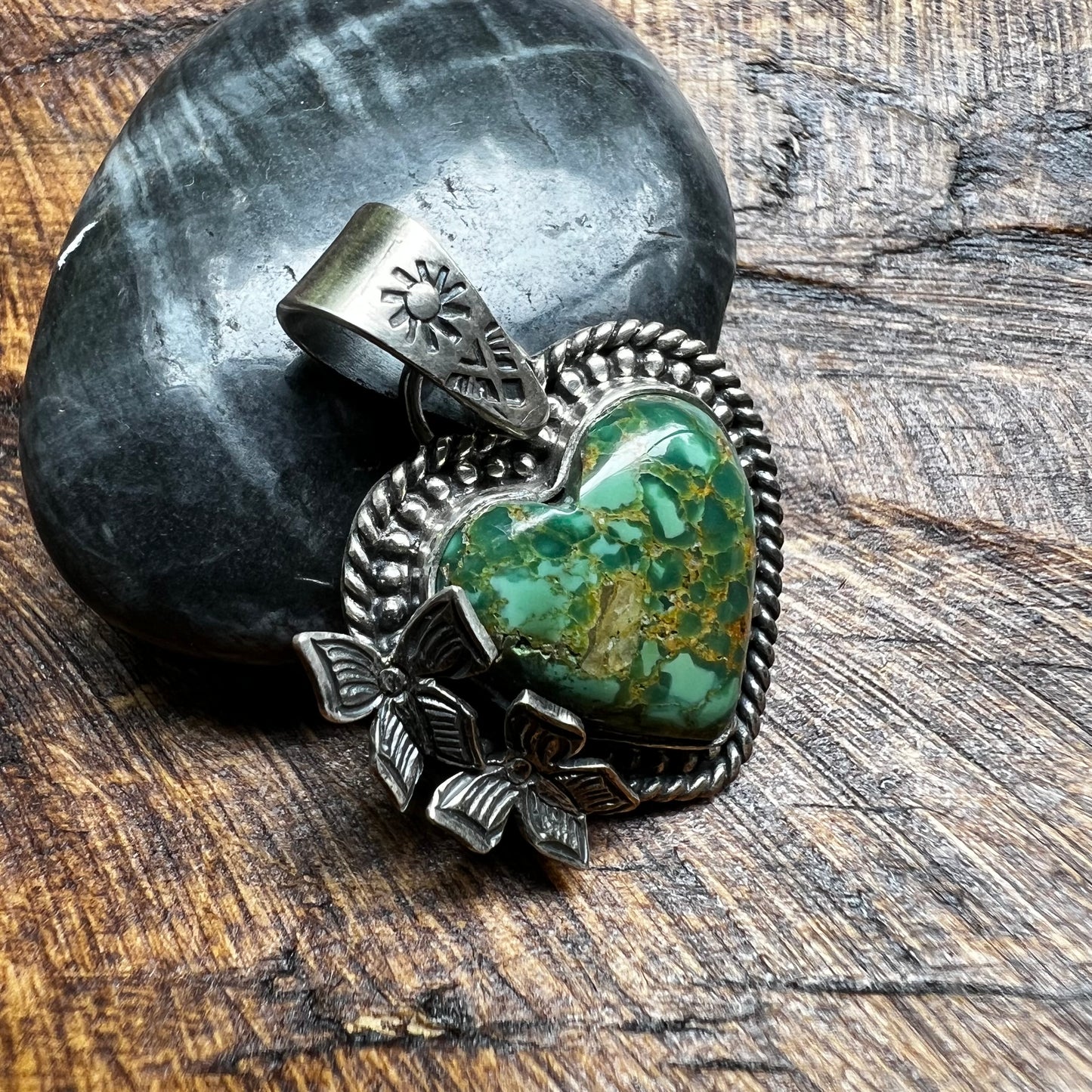 Heart Butterfly Pendant
Handcrafted Sterling Silver & Green Kingman Turquoise