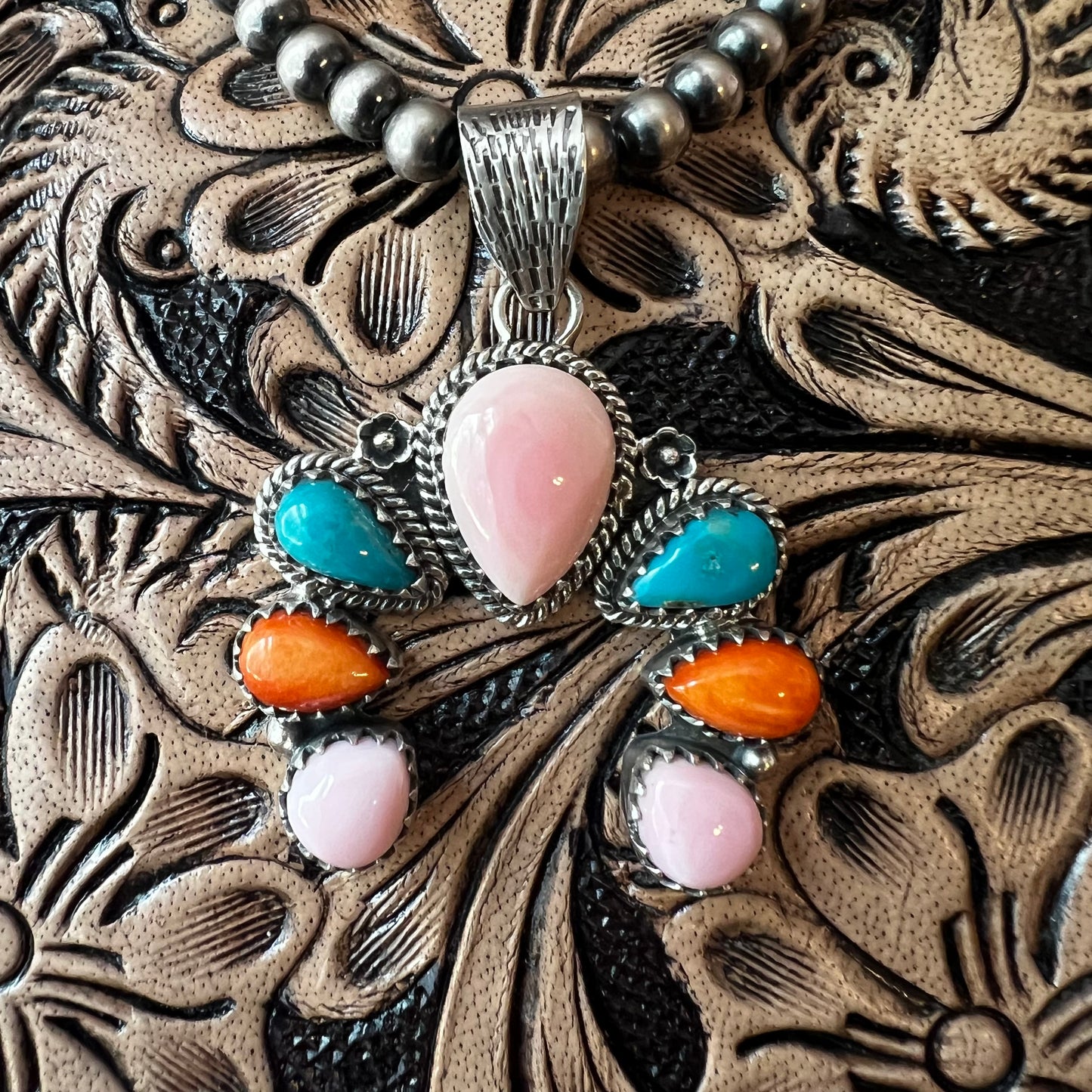 Queen Conch, Kingman Turquoise & Spiny Oyster Naja Sterling Silver Pendant