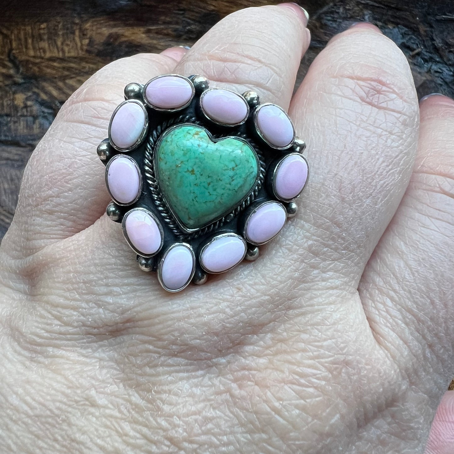 Kingman Heart & Queen Conch Cluster Ring — Sterling Silver Statement (Size ~9¼)