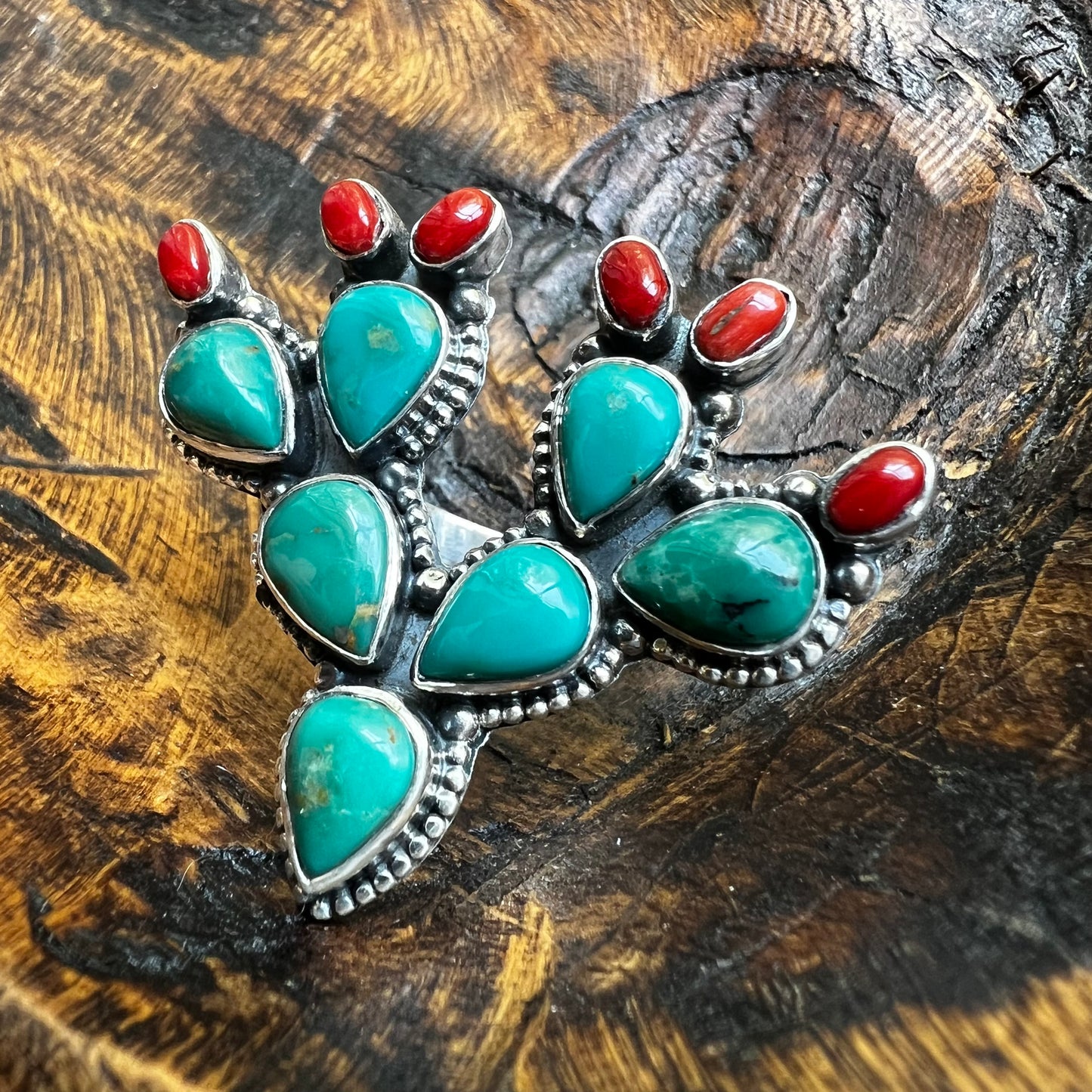 Sterling Kingman Turquoise Red Coral Cactus Ring Size 8 Statement Ring