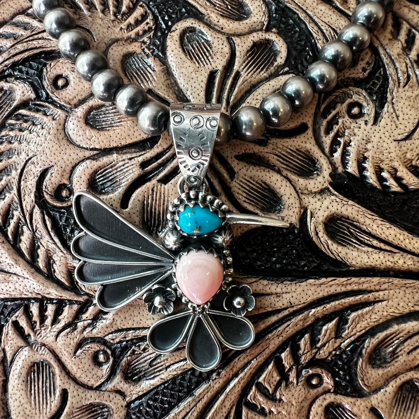 Sterling Silver Hummingbird Pendant – Pink Conch & Kingman Turquoise