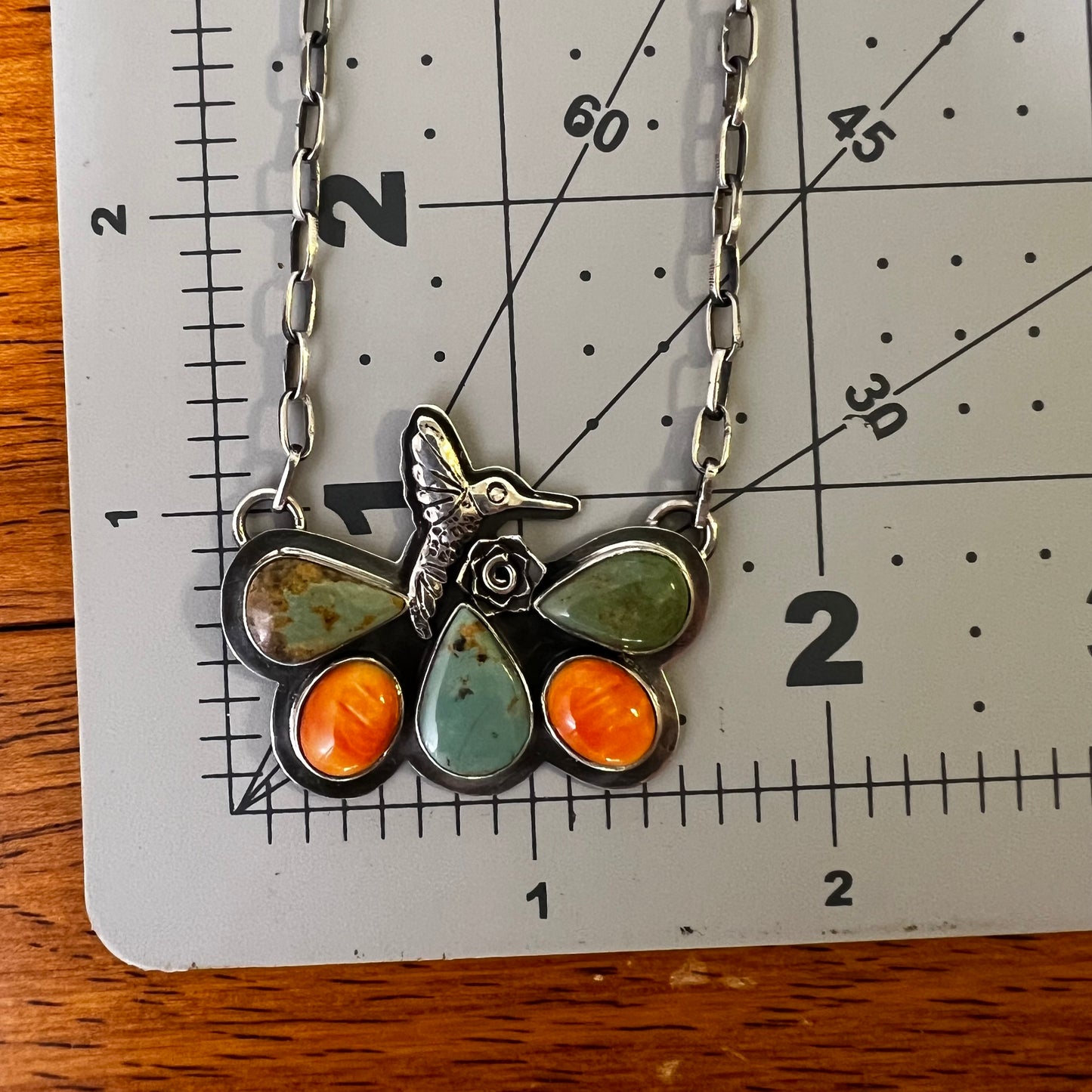 Sterling Silver Kingman Turquoise & Spiny Oyster Butterfly Hummingbird Necklace