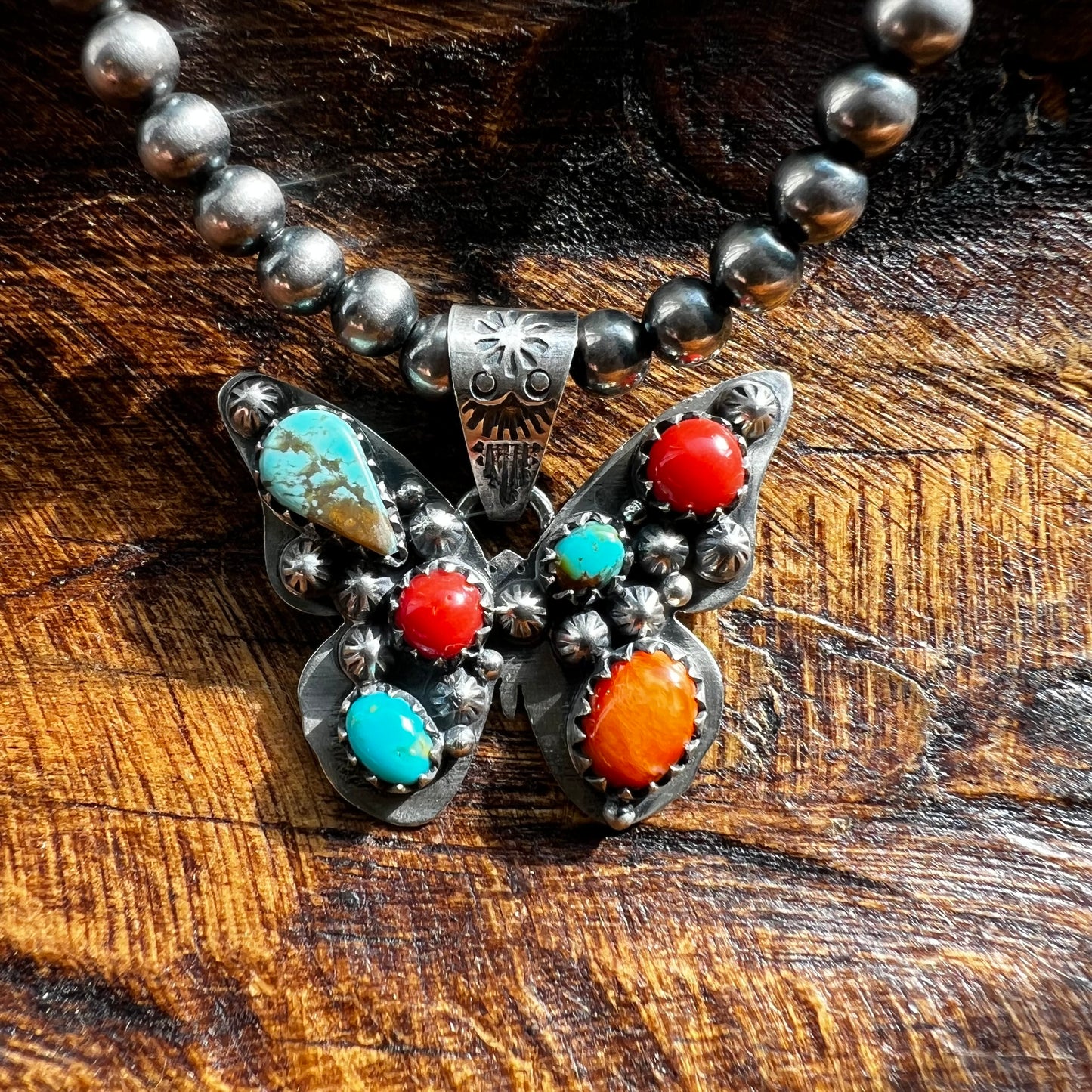 Sterling Silver Multi-Stone Butterfly Pendant – Kingman Turquoise, Italian Red Coral & Spiny Oyster