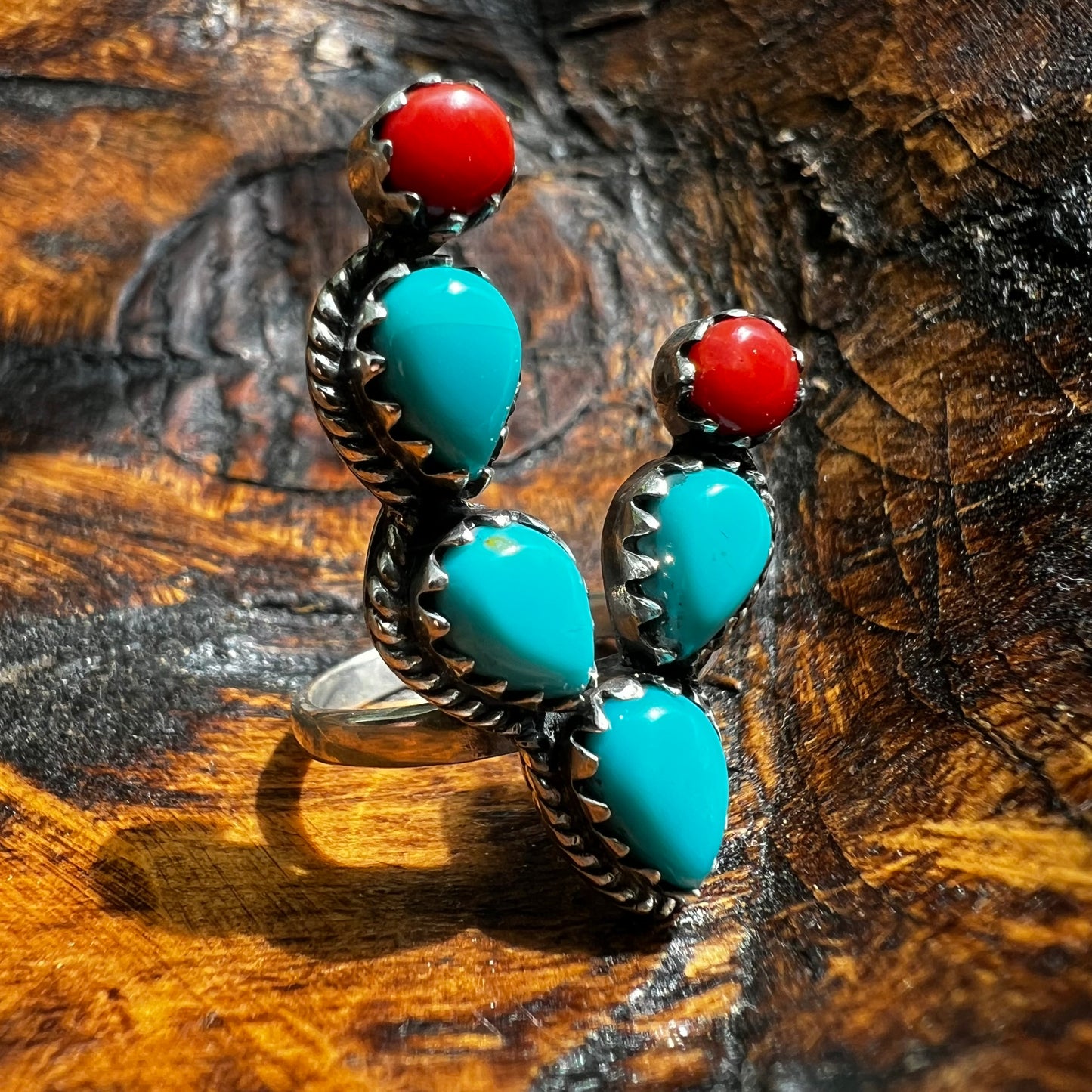 Sterling Silver Kingman Turquoise & Italian Coral Cactus Ring