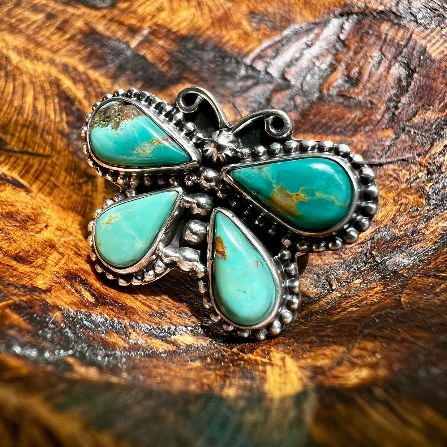 Kingman Turquoise Butterfly Sterling Silver Ring – Size 9