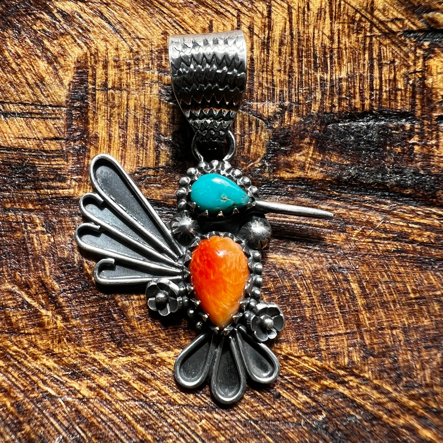 Turquoise & Spiny Oyster Hummingbird Sterling Silver Pendant