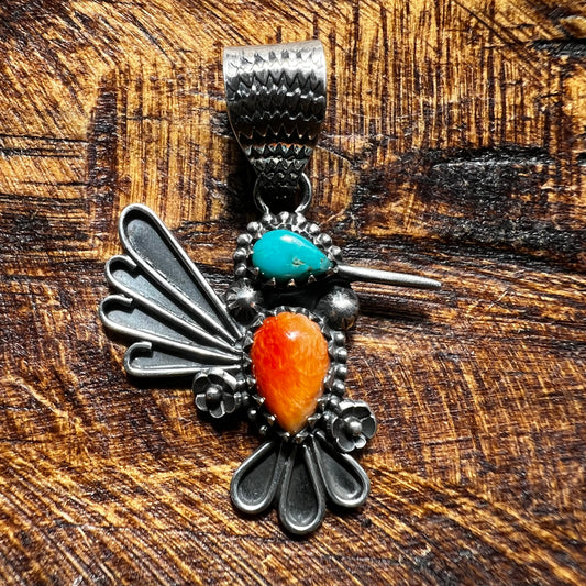 Turquoise & Spiny Oyster Hummingbird Sterling Silver Pendant