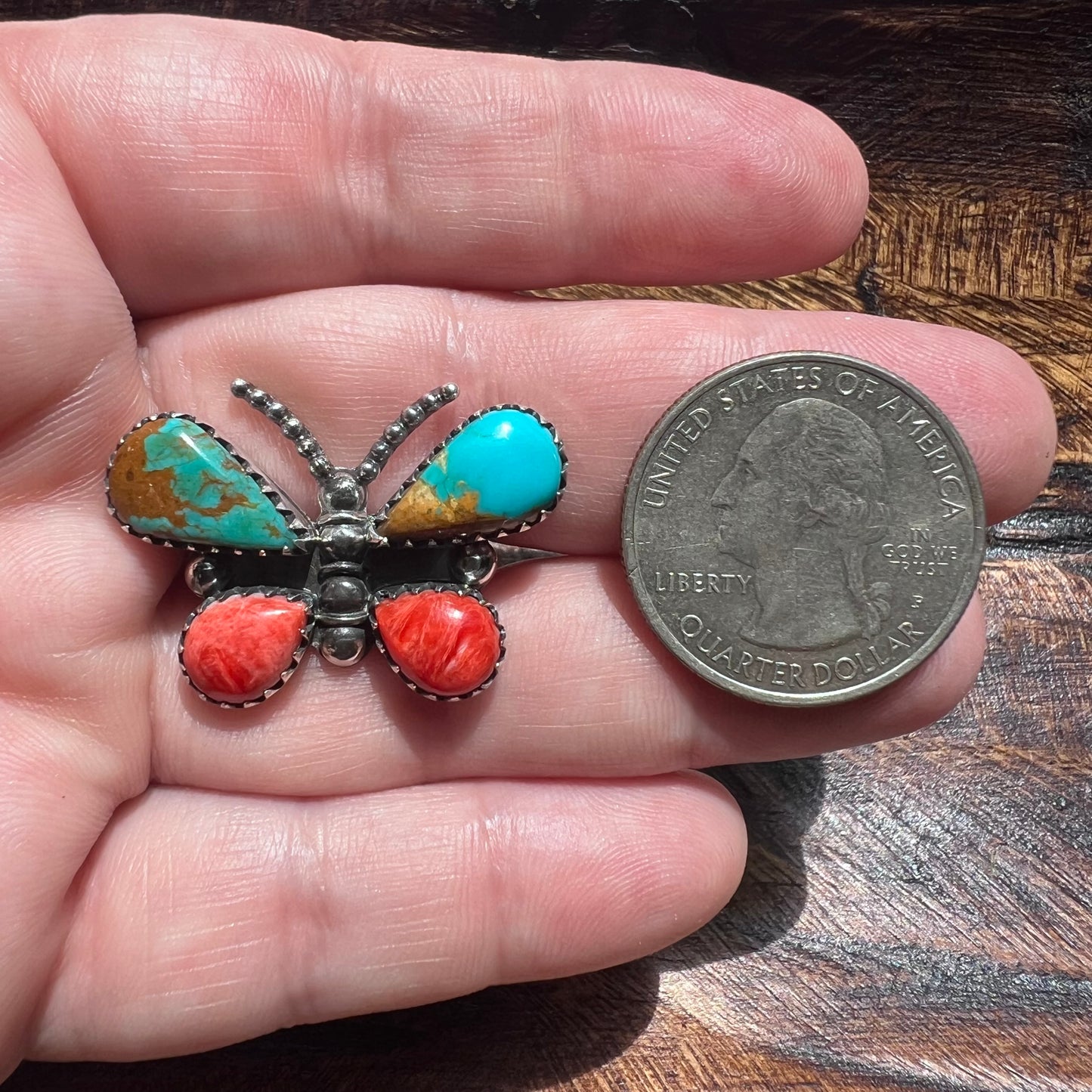 Kingman Turquoise & Spiny Oyster Butterfly Ring – Sterling Silver Statement (Size 9)